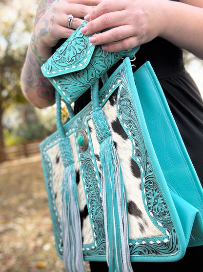 Teal tooled leather/ cowhide set