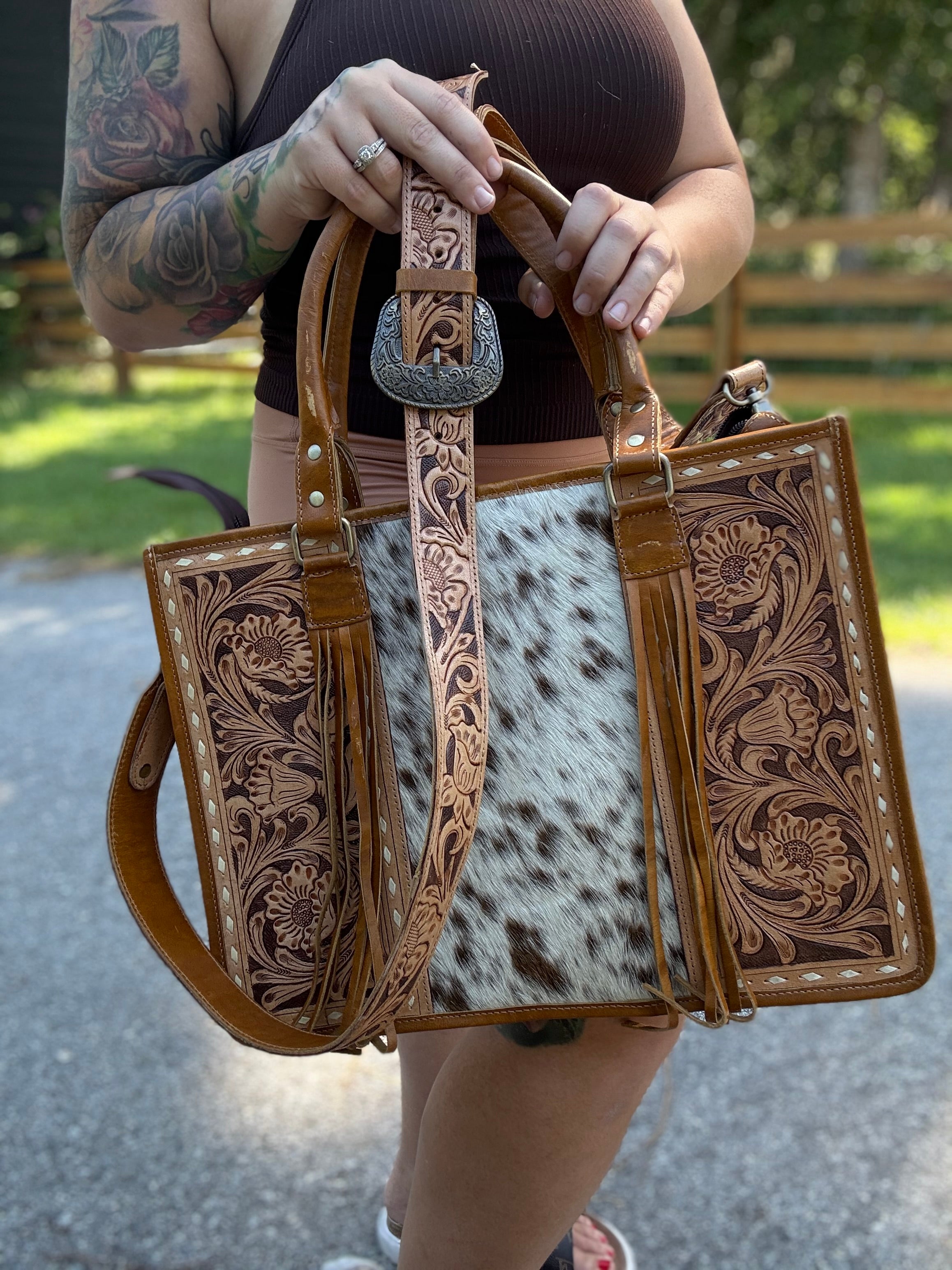 Tooled leather tote bag with fringe- light