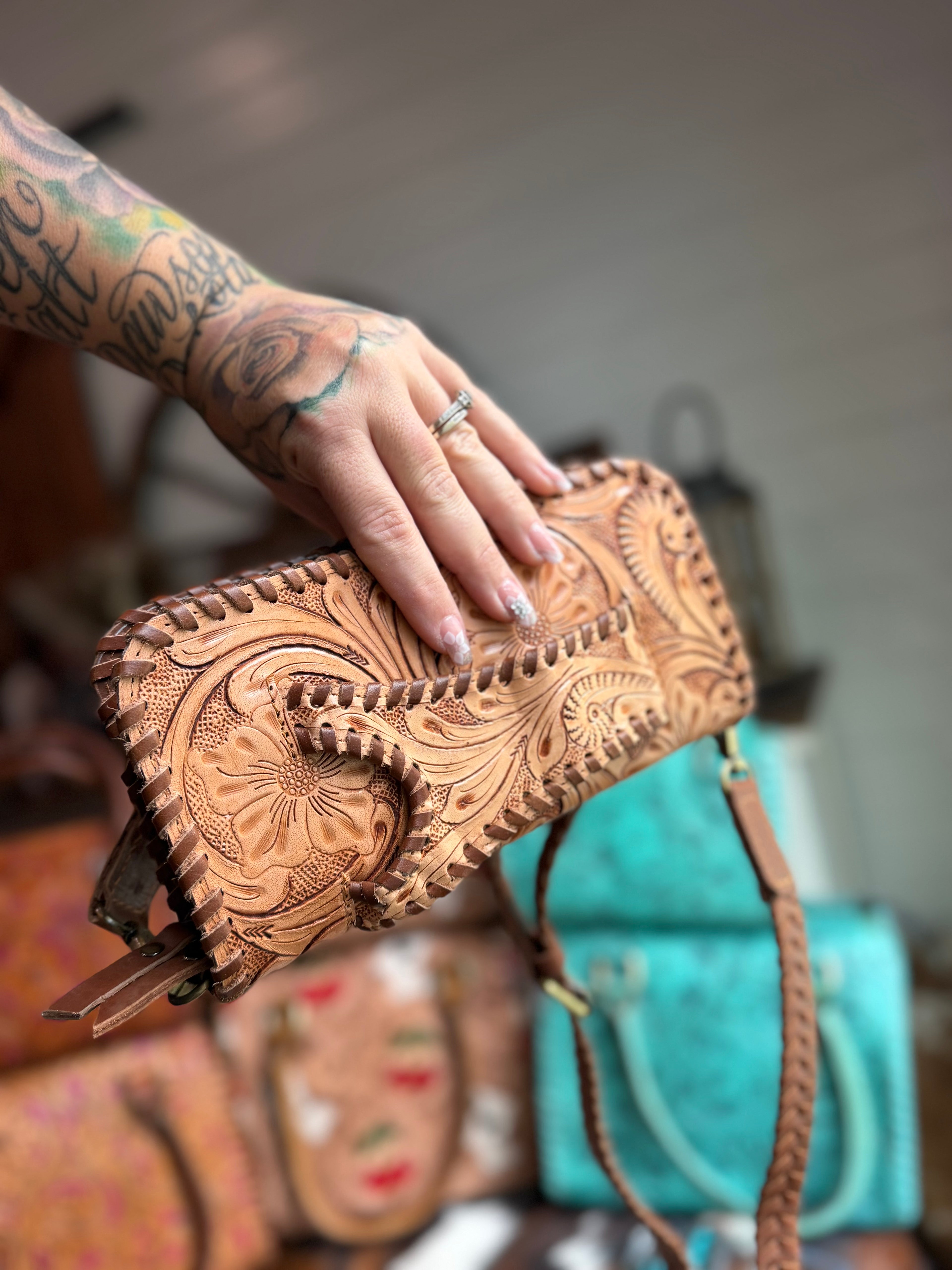 Double wallet Tooled leather clutch purse