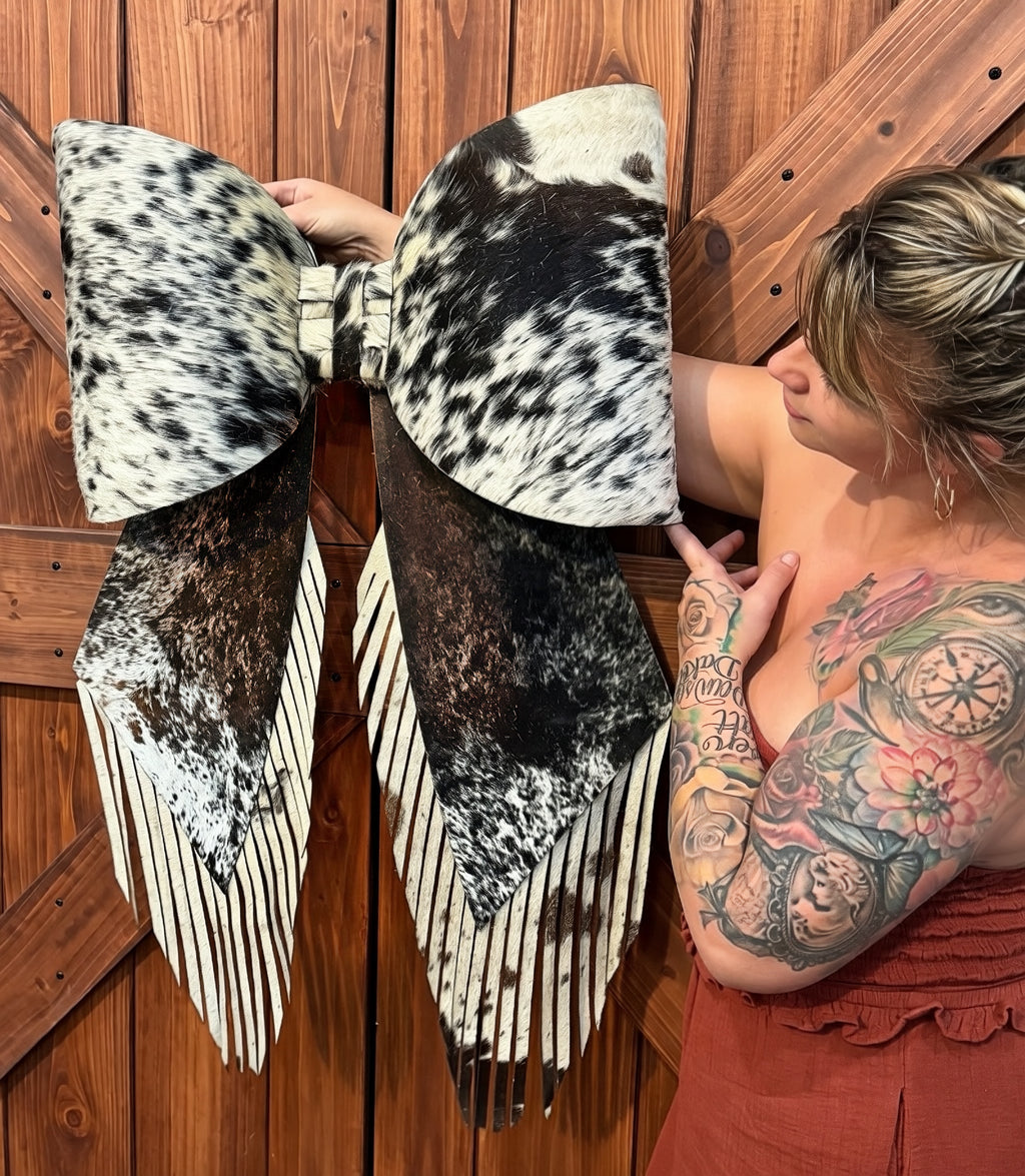 GIGANTIC 43" cowhide bow for tree topper - fringe look (read description fully)