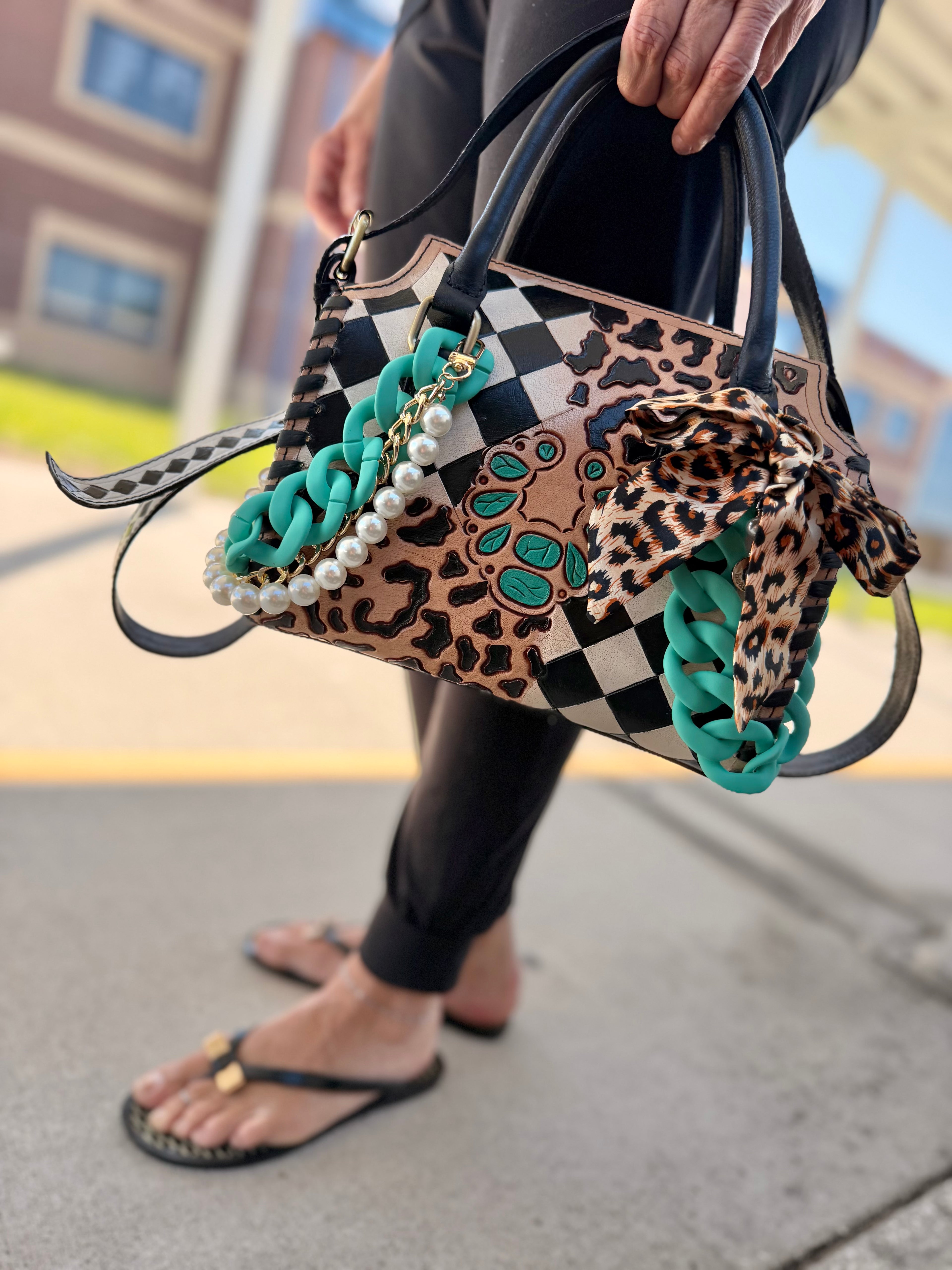 "Pretty Little Outlaw"  black/white checker and cheetah tooled leather speefy (M)-  by The Painted Porches