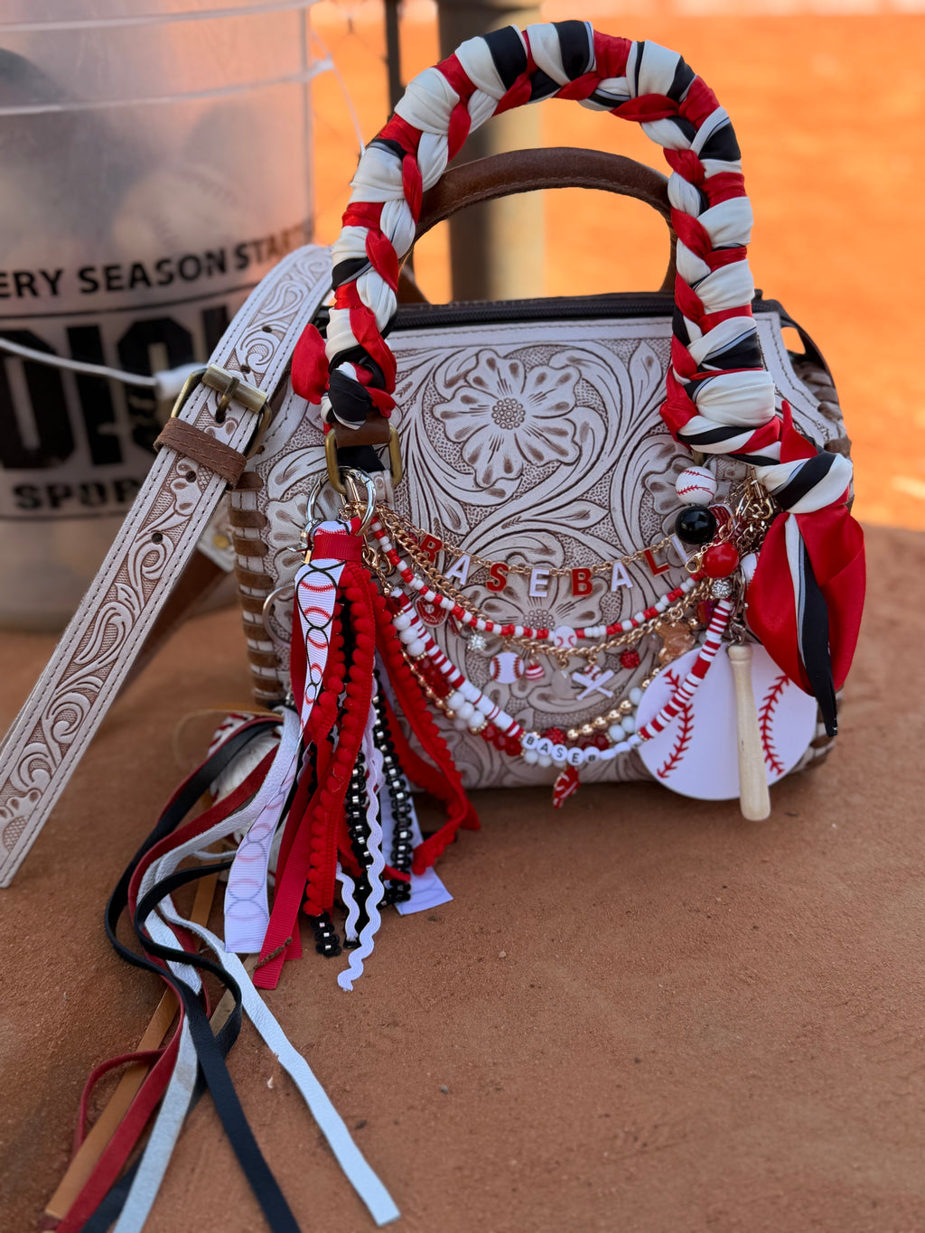 “ Baseball Meets Western”- white/cream tooled leather speedy (M)