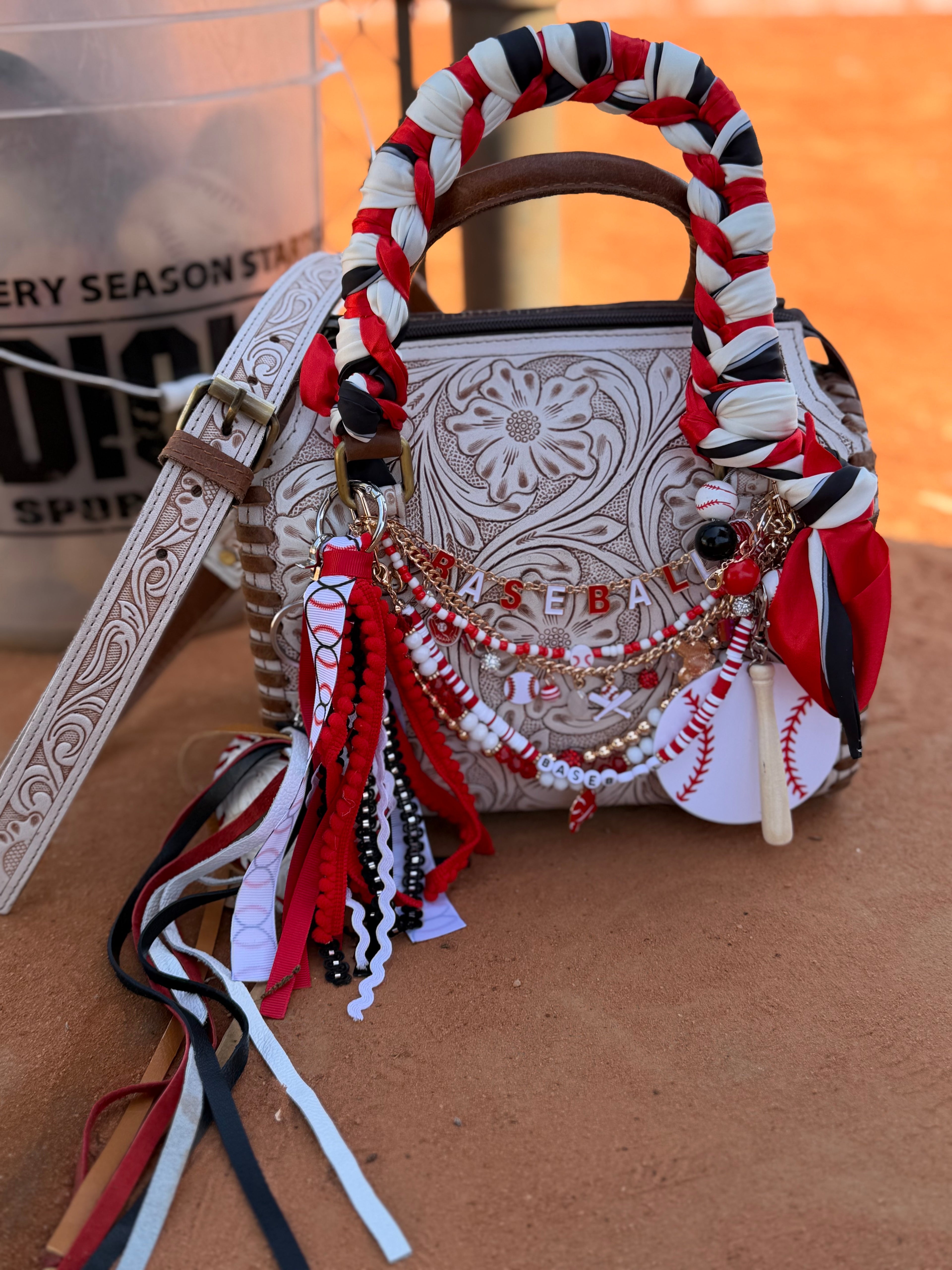 “ Baseball Meets Western”- white/cream tooled leather speedy (M)