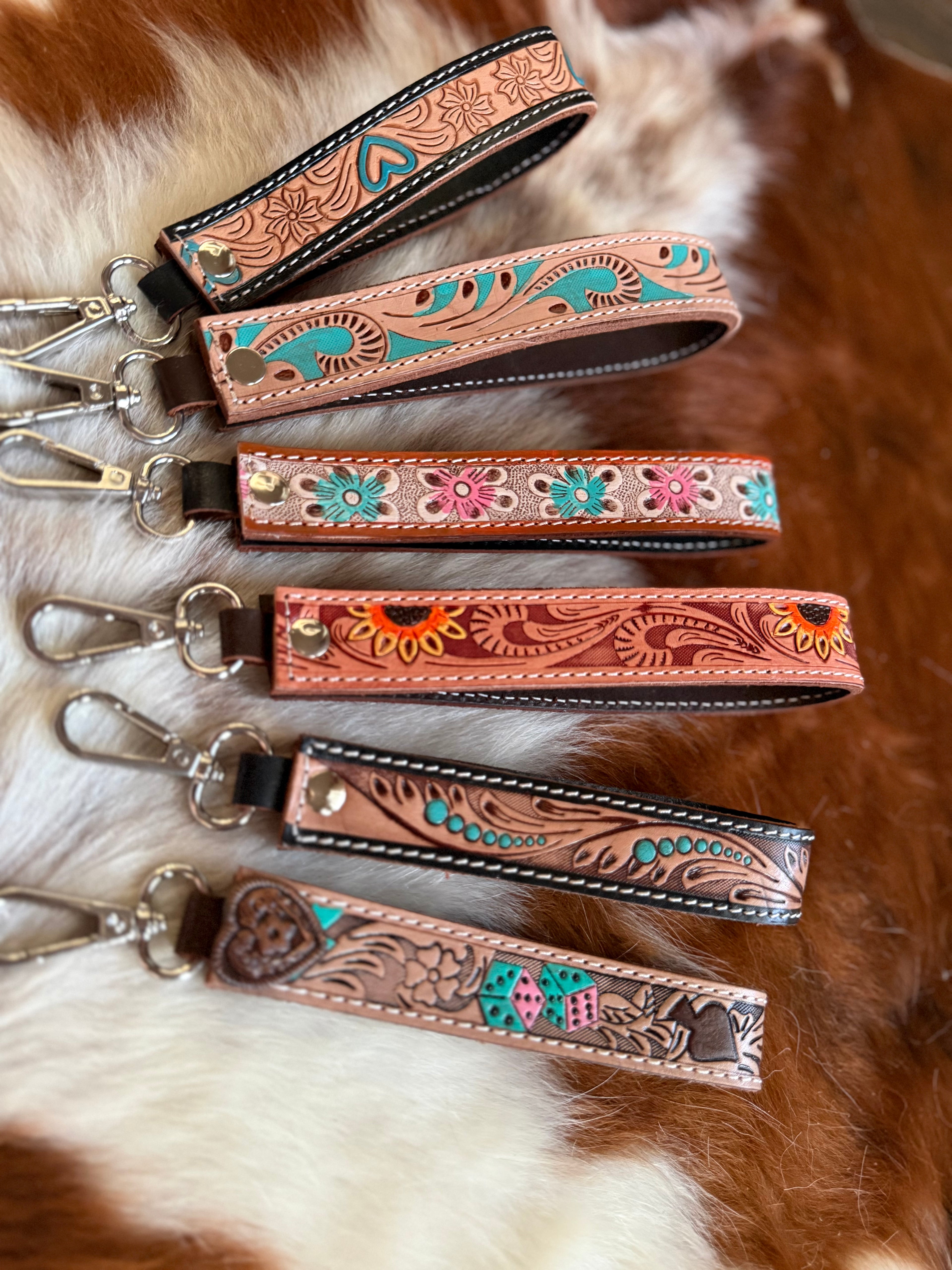 Pick your color tooled leather wristlet keychain