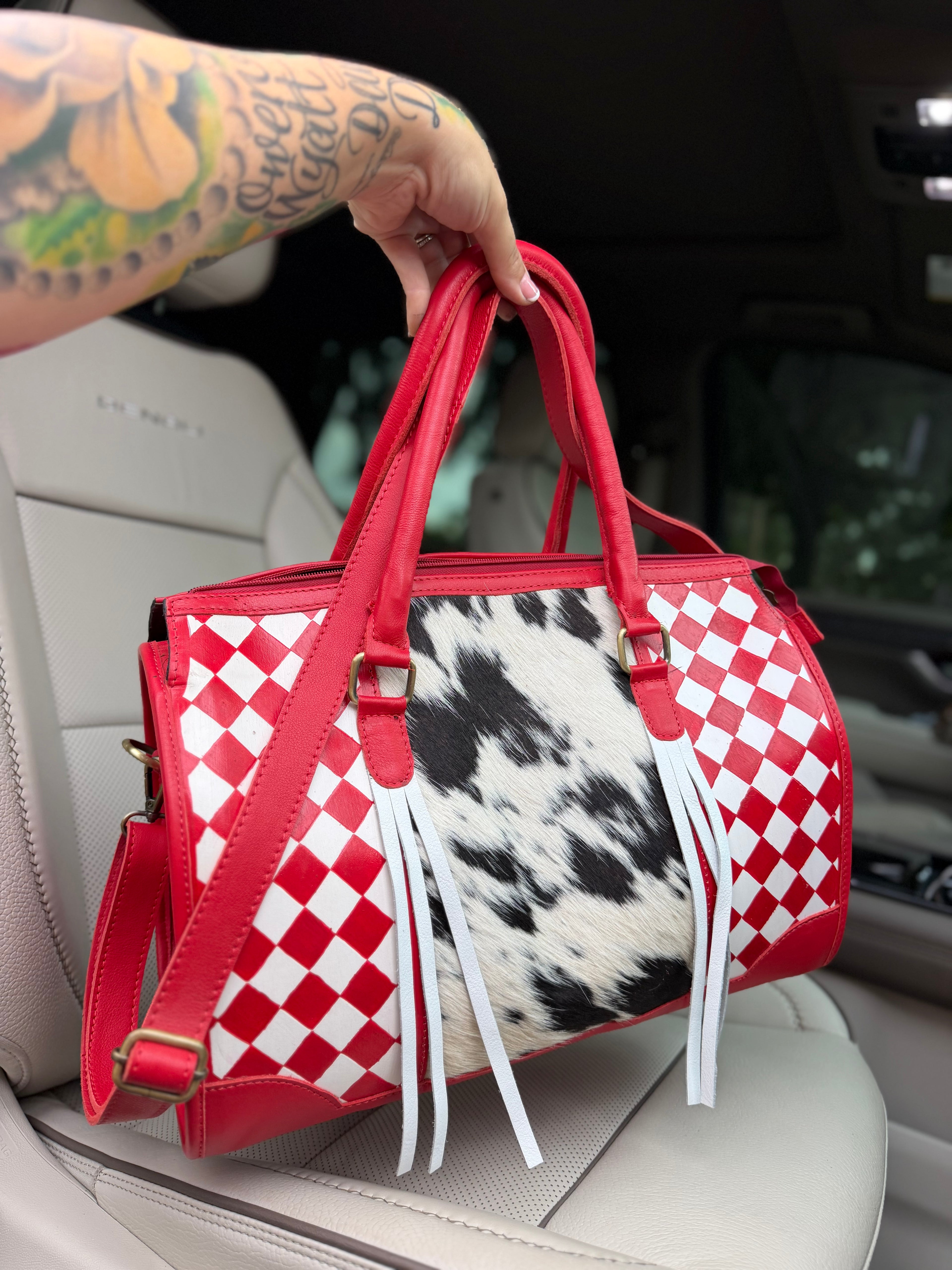 Red/white checker tooled leather speedy duffle (L)
