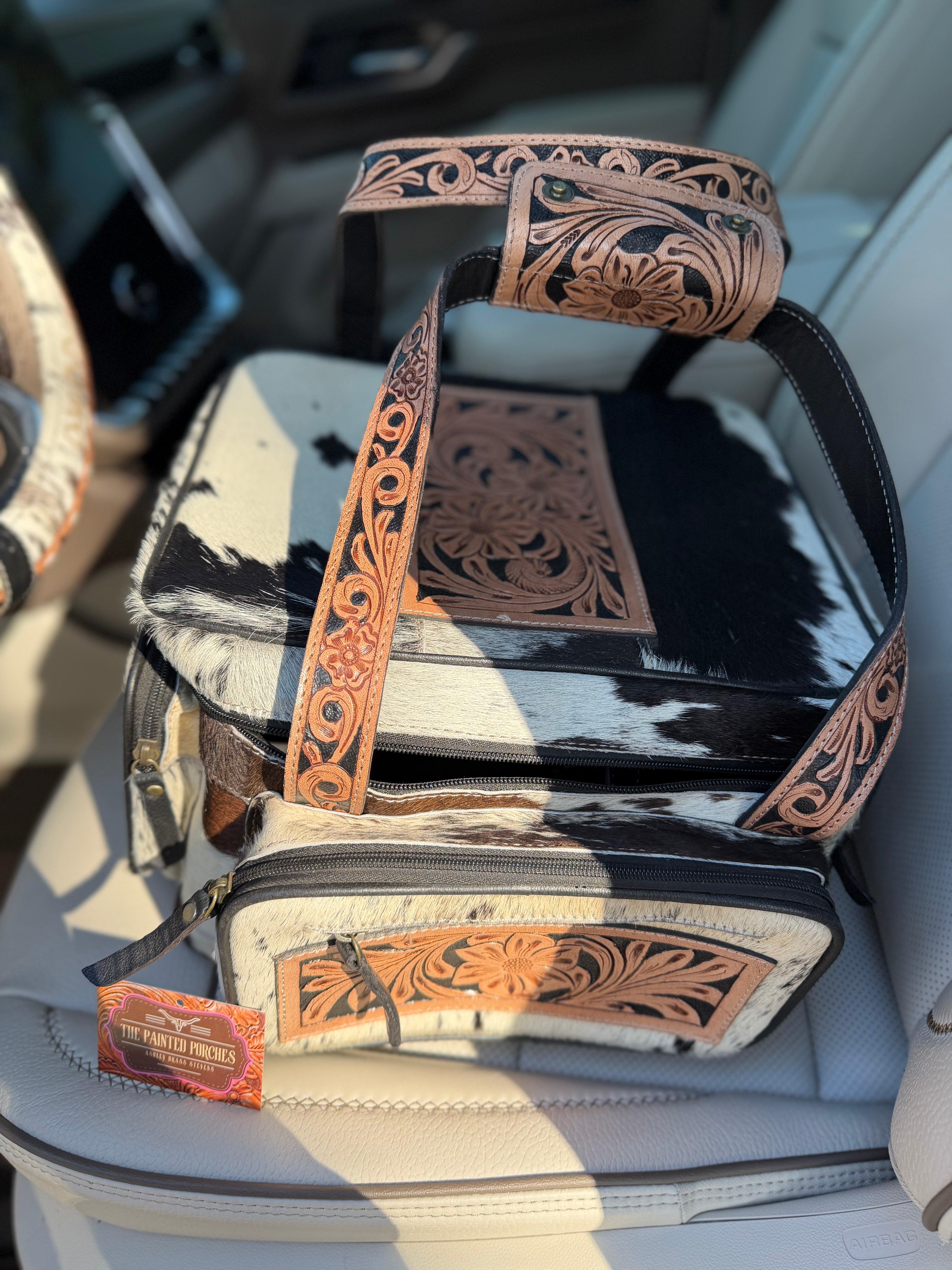 XL size - Dark color and white hide TOOLED leather/ cowhide Lunch bag
