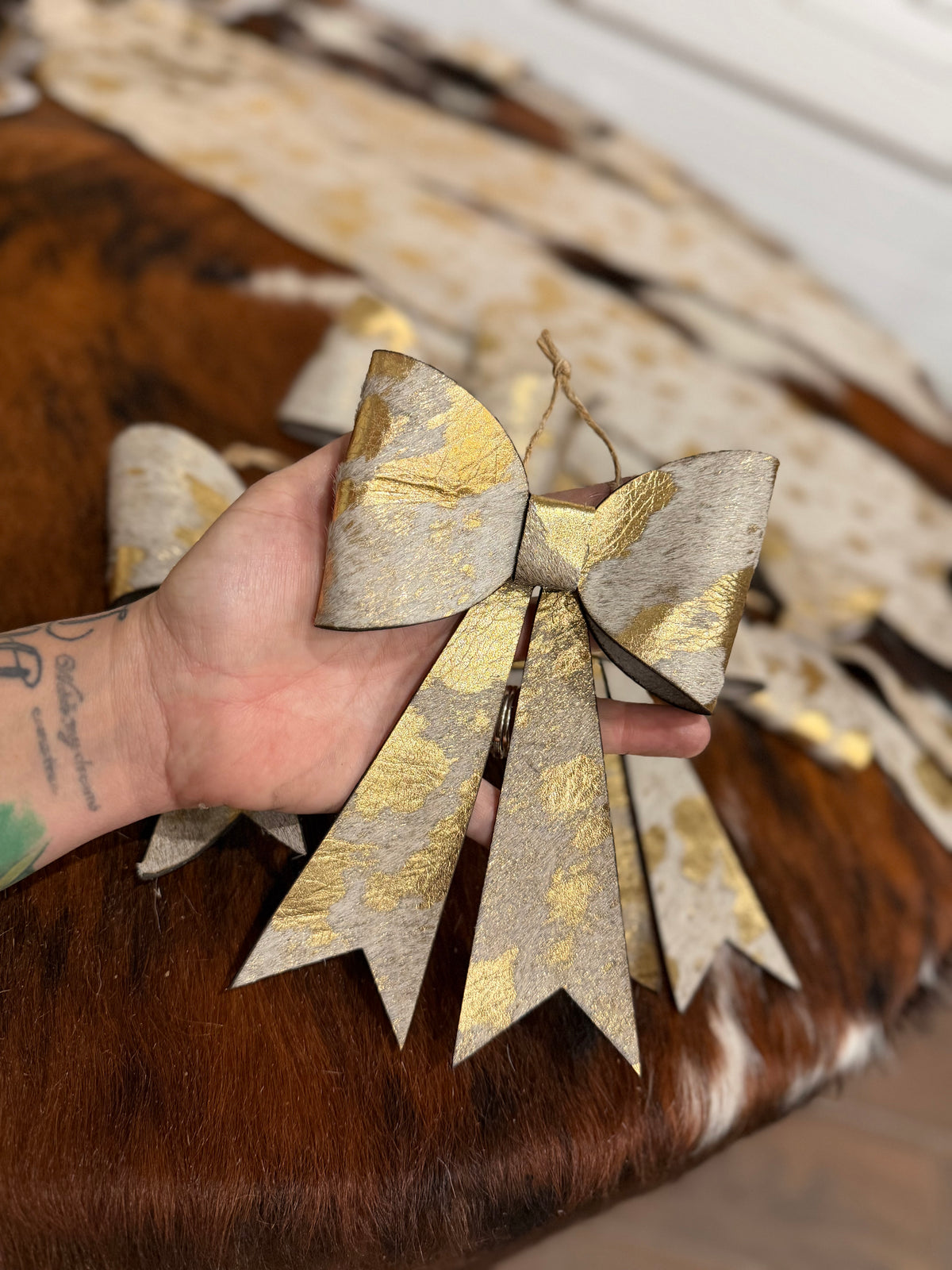 6 pack-Large cowhide bow - gold acid wash  ornaments