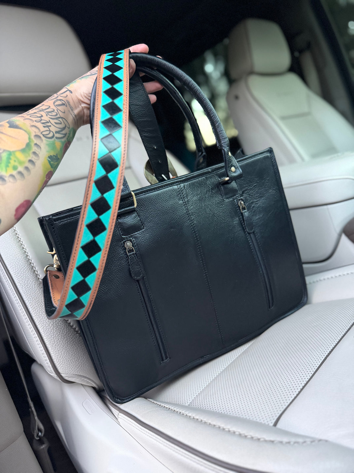 Cowhide and teal checker Tooled leather tote bag with fringe-