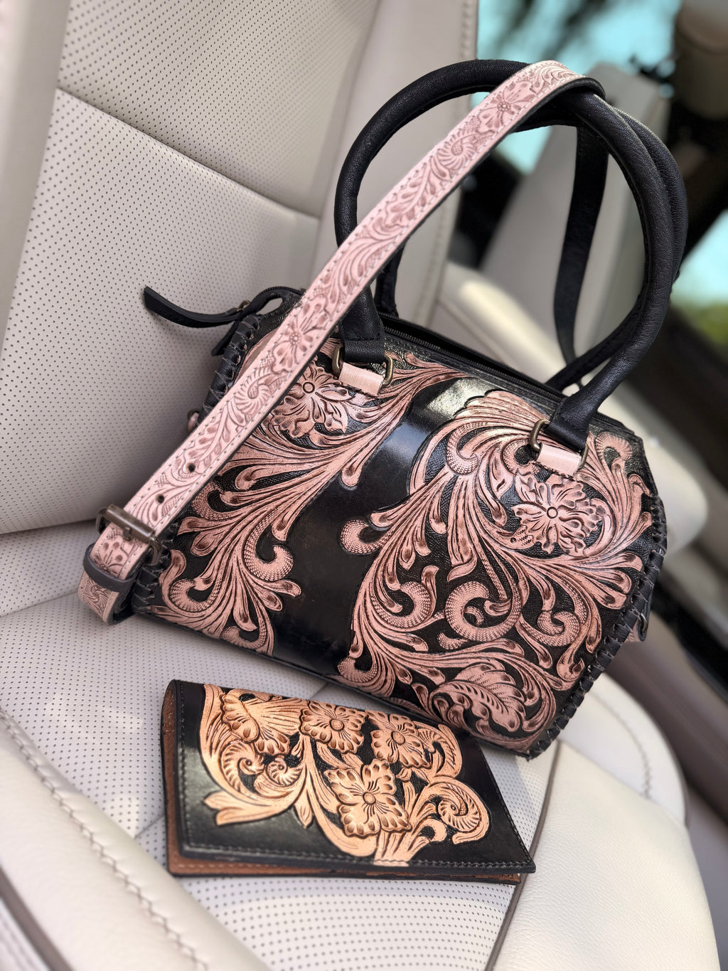 “Black Royalty set”- Blacken Swan  tooled leather speedy (M) and wallet