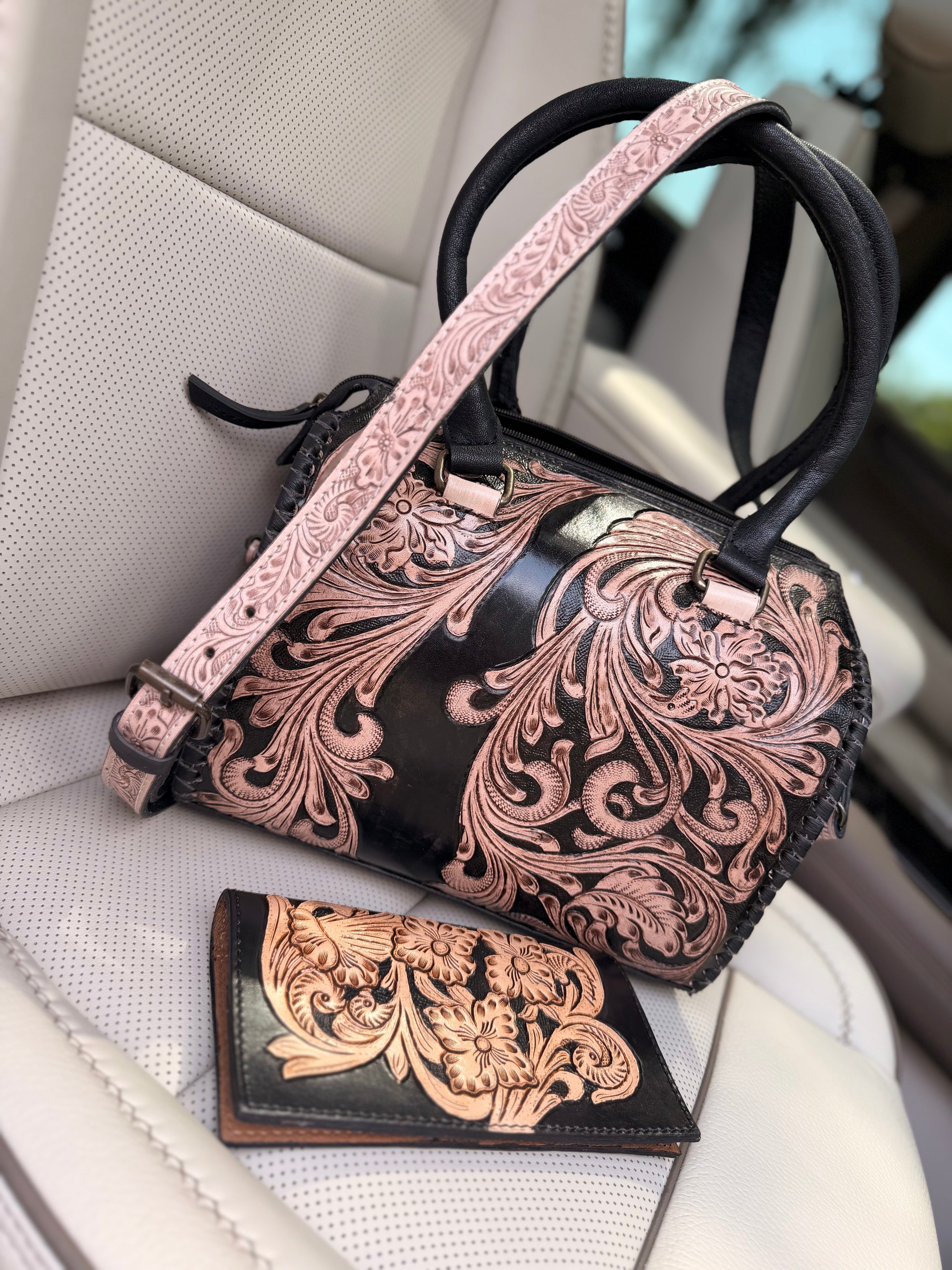 “Black Royalty set”- Blacken Swan  tooled leather speedy (M) and wallet
