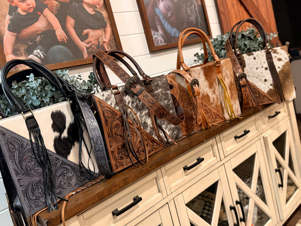 Cowhide and Tooled leather tote bag with fringe- (M)