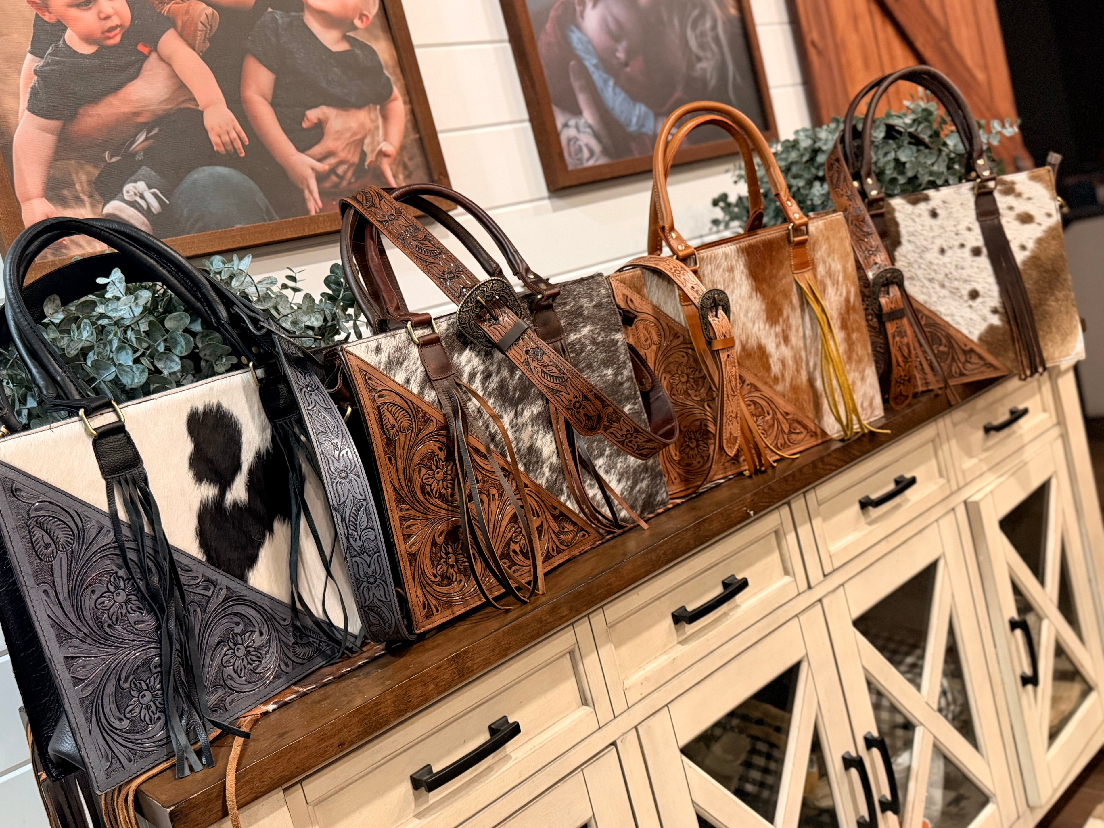 Cowhide and Tooled leather tote bag with fringe- (M)