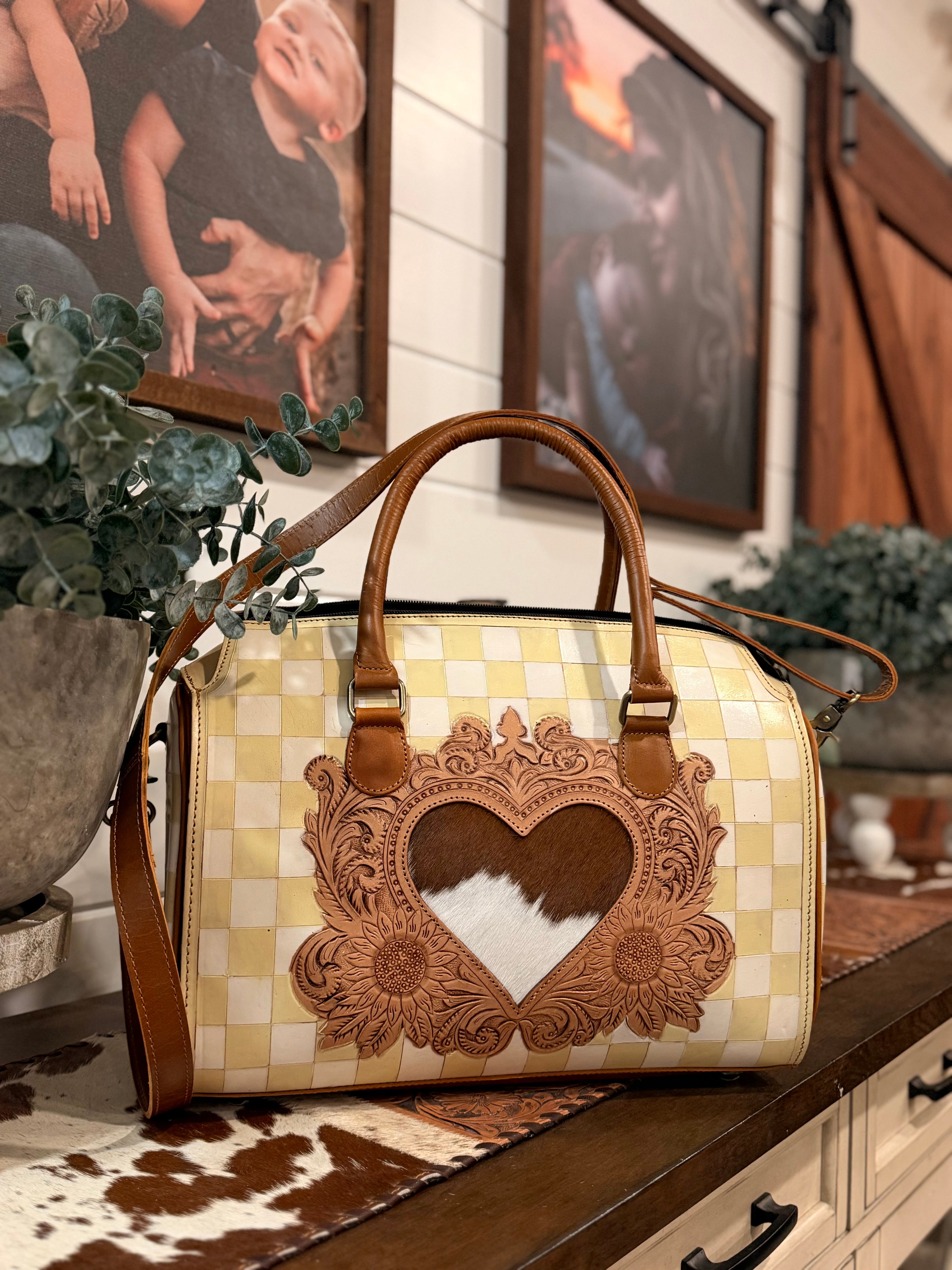 The Honey Mae 🤍🐝 yellow / white checker sunflower tooled leather speedy duffle (L)