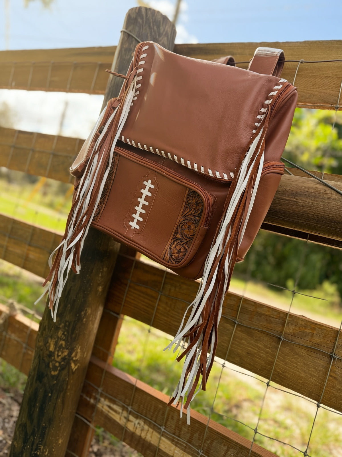 Football Leather fringe sports themed bookbag