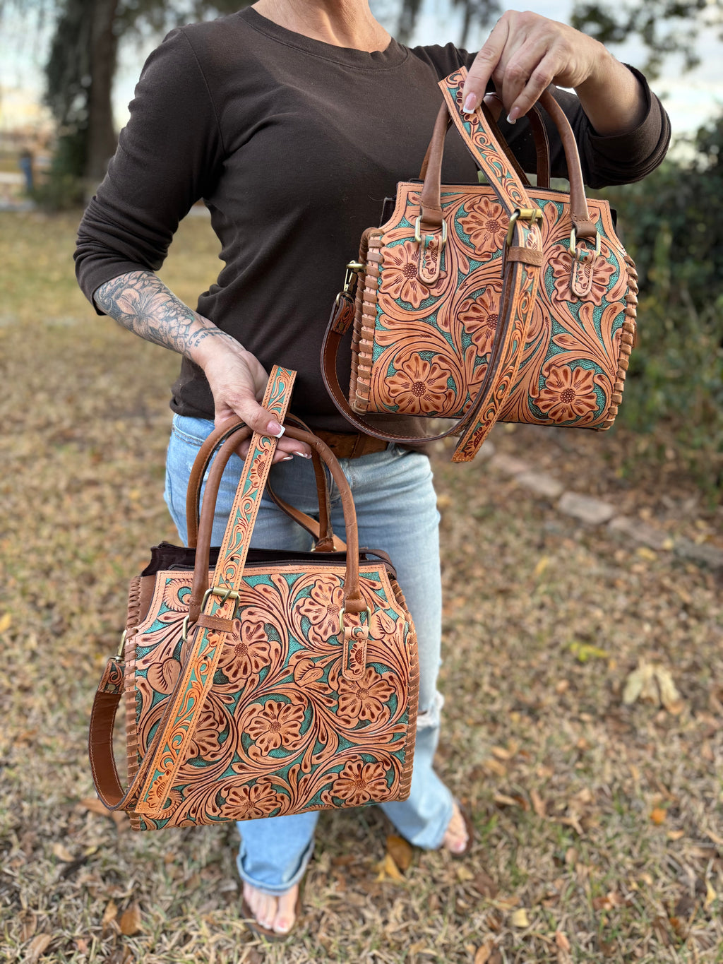 Brown/turquoise tooled leather speedy (L)