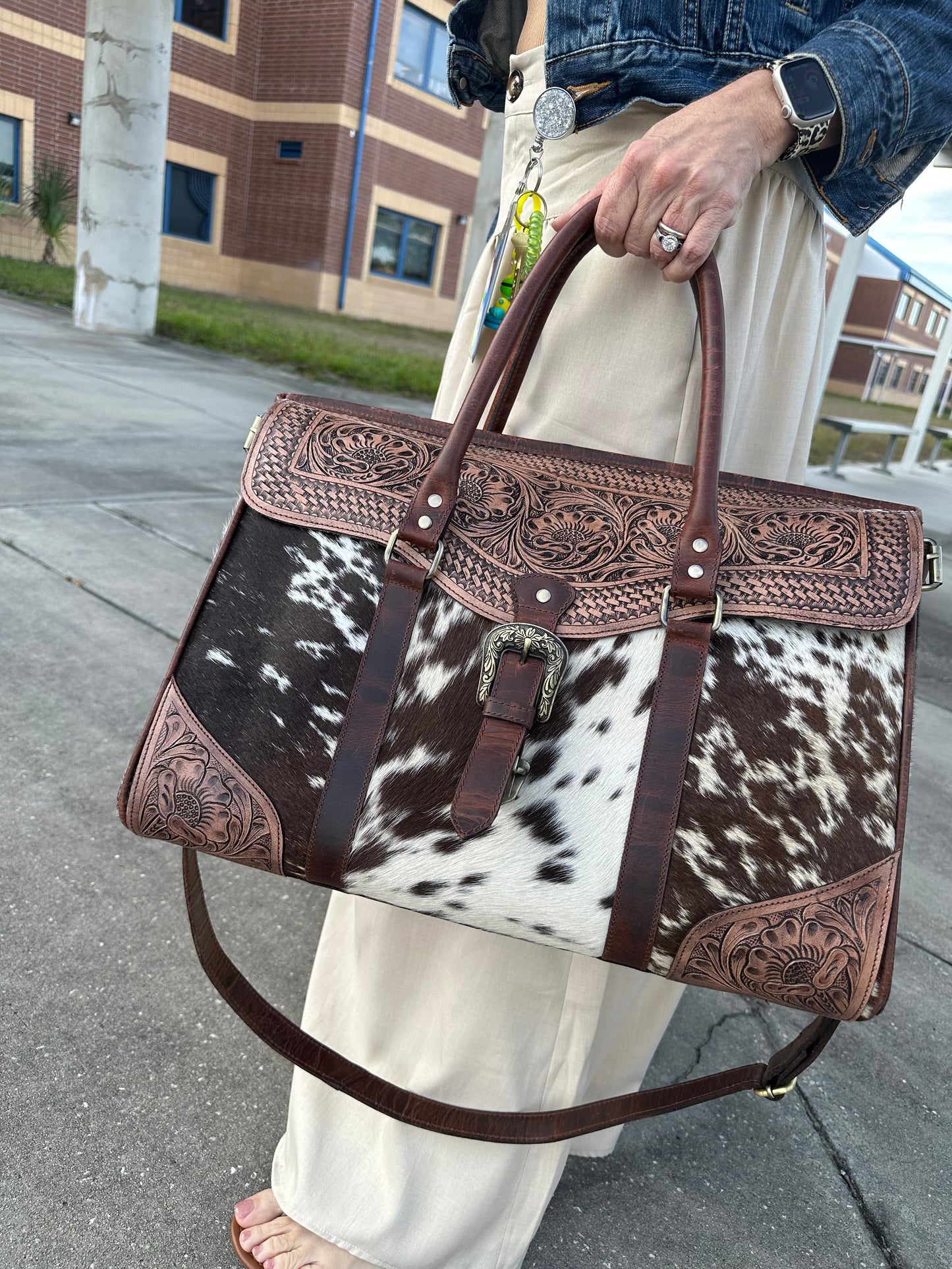Large cowhide tooled leather bag