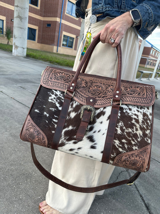 Large cowhide tooled leather bag
