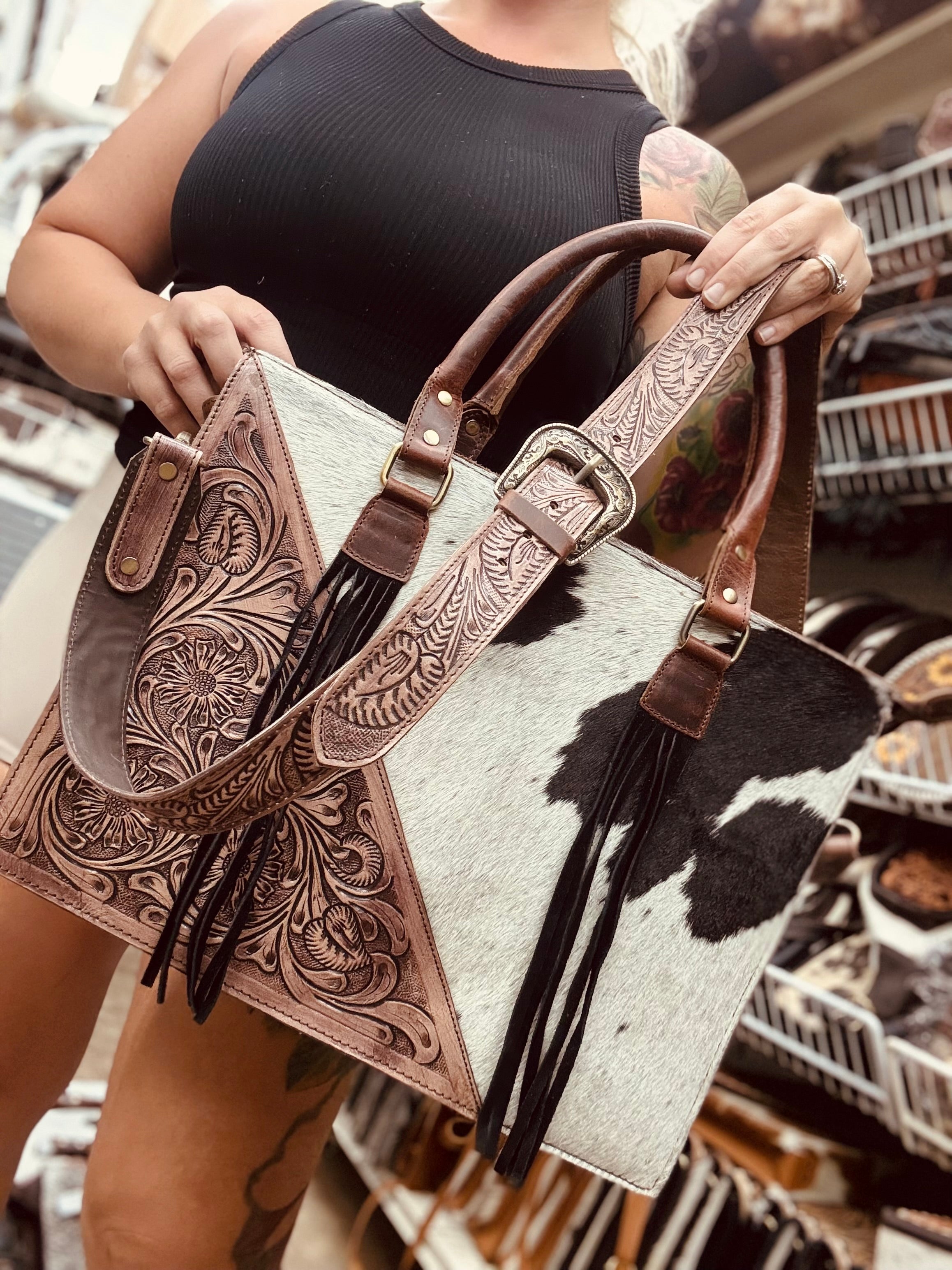 Cowhide and tooled leather purse - 16”x12“