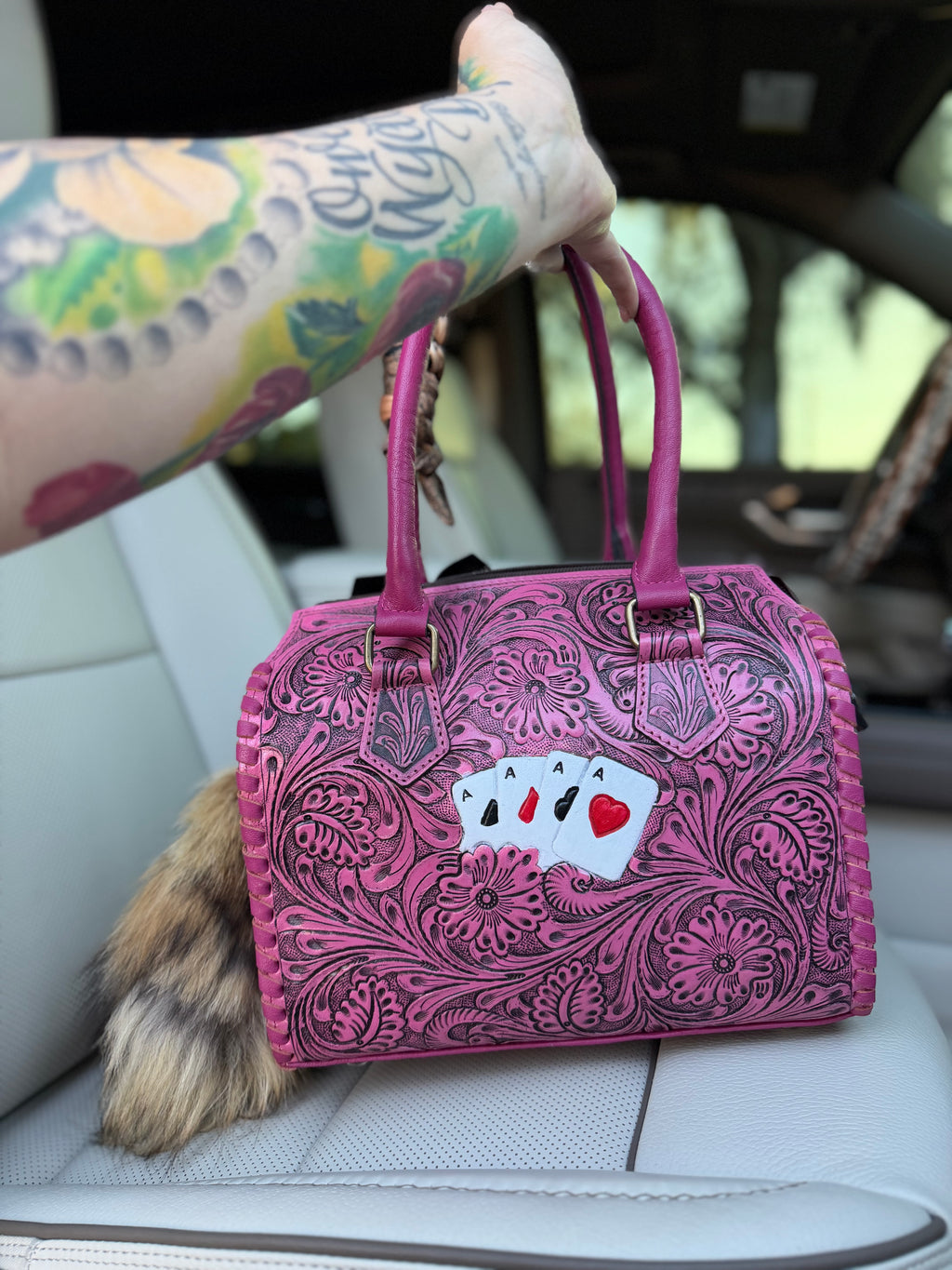 “Sweet Cowboy“- (has cards on back)pink  tooled leather speedy (M)