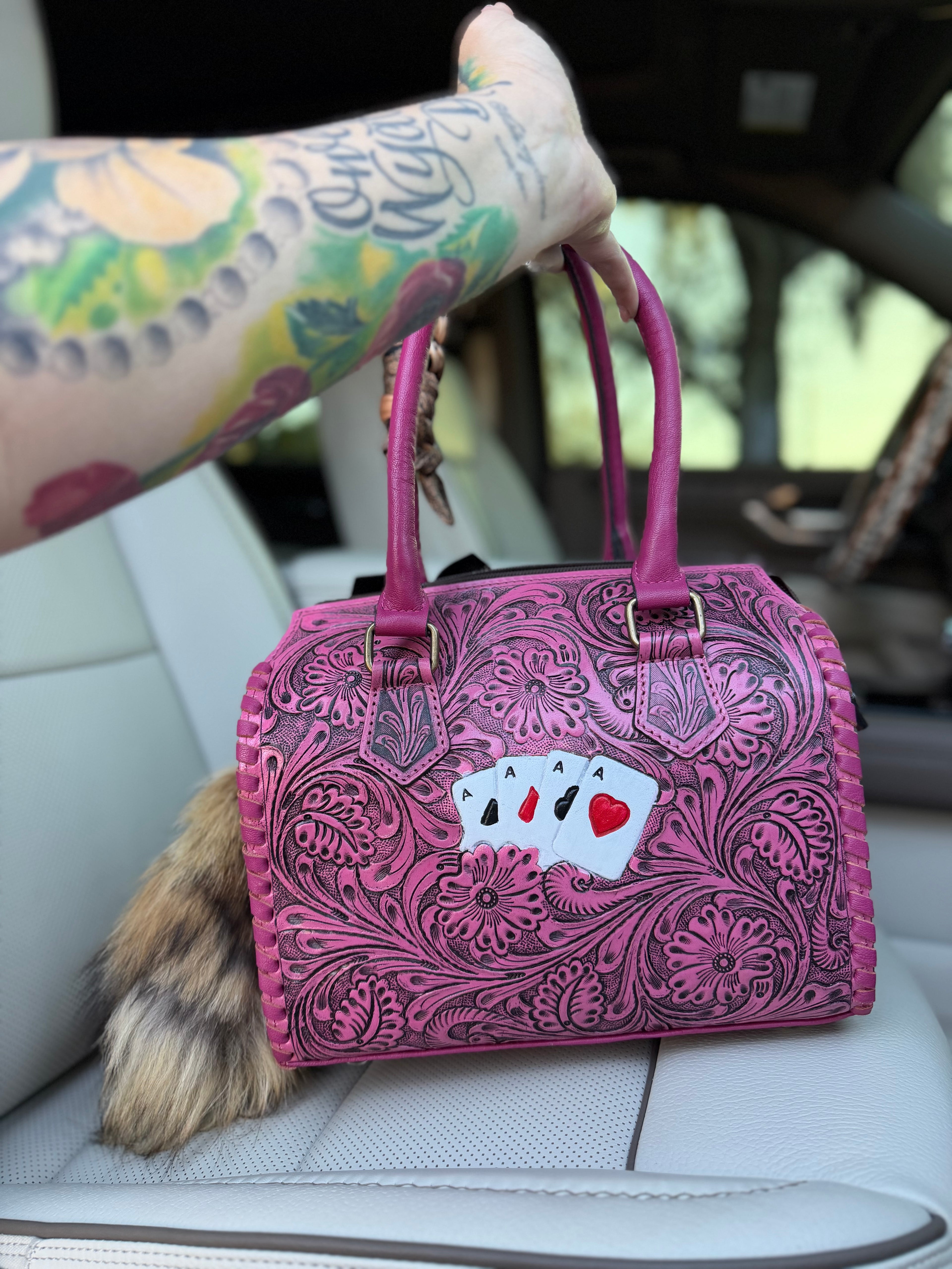 “Sweet Cowboy“- (has cards on back)pink  tooled leather speedy (M)