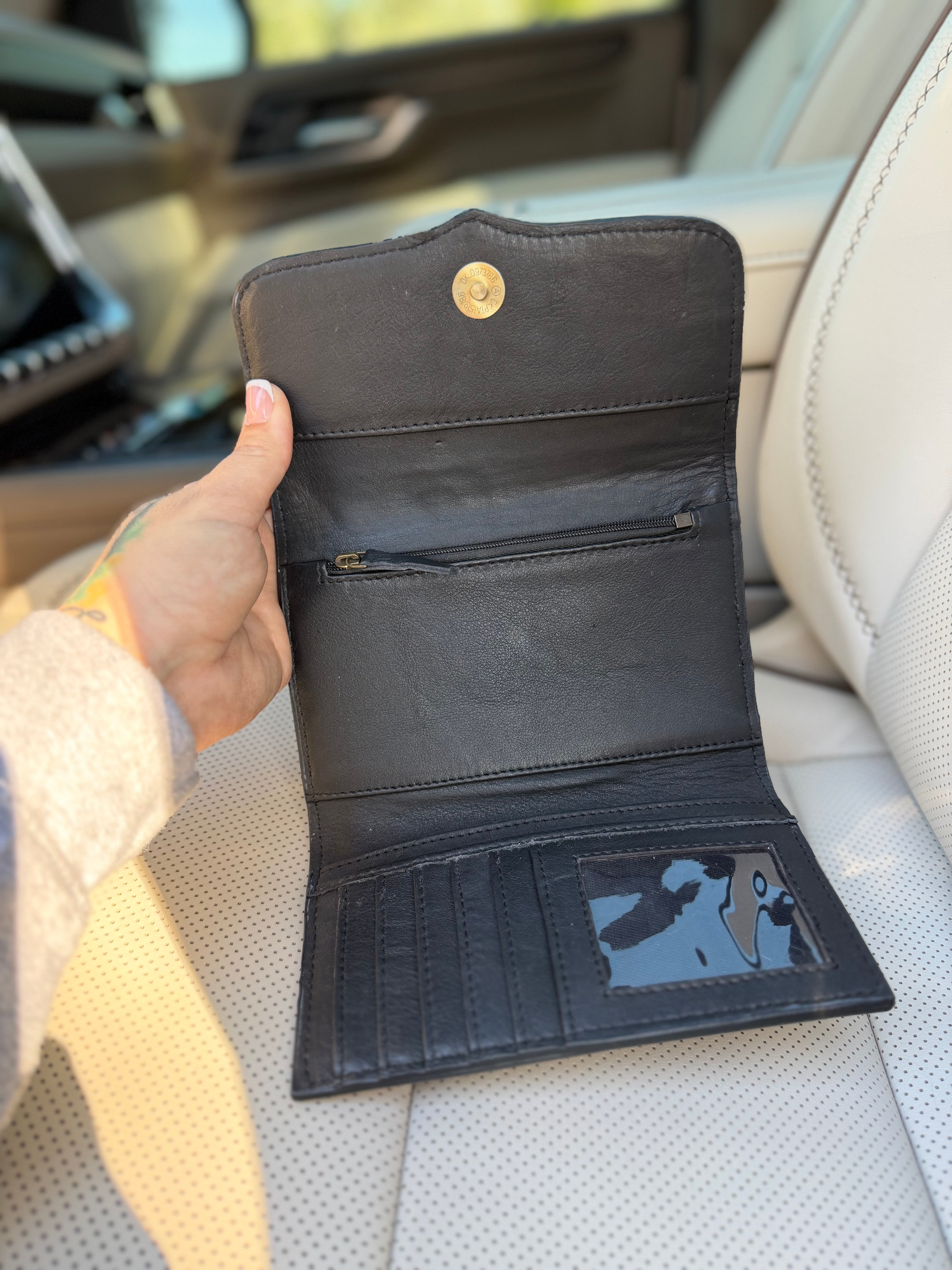 Tooled checker print leather checker wallet