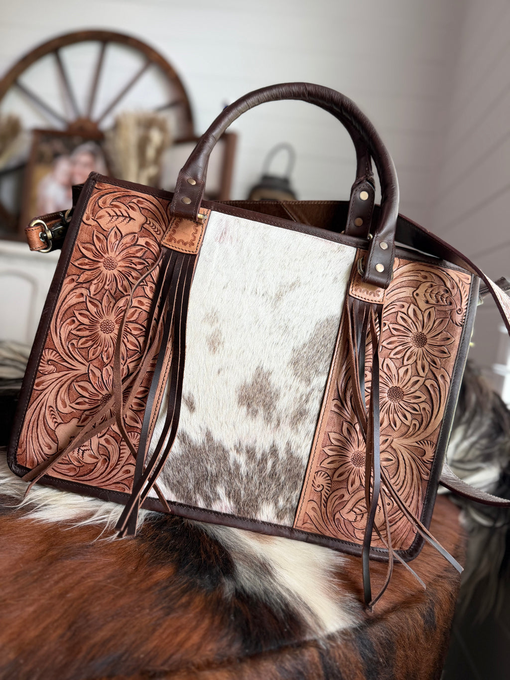 Cowhide Tooled leather tote bag with fringe