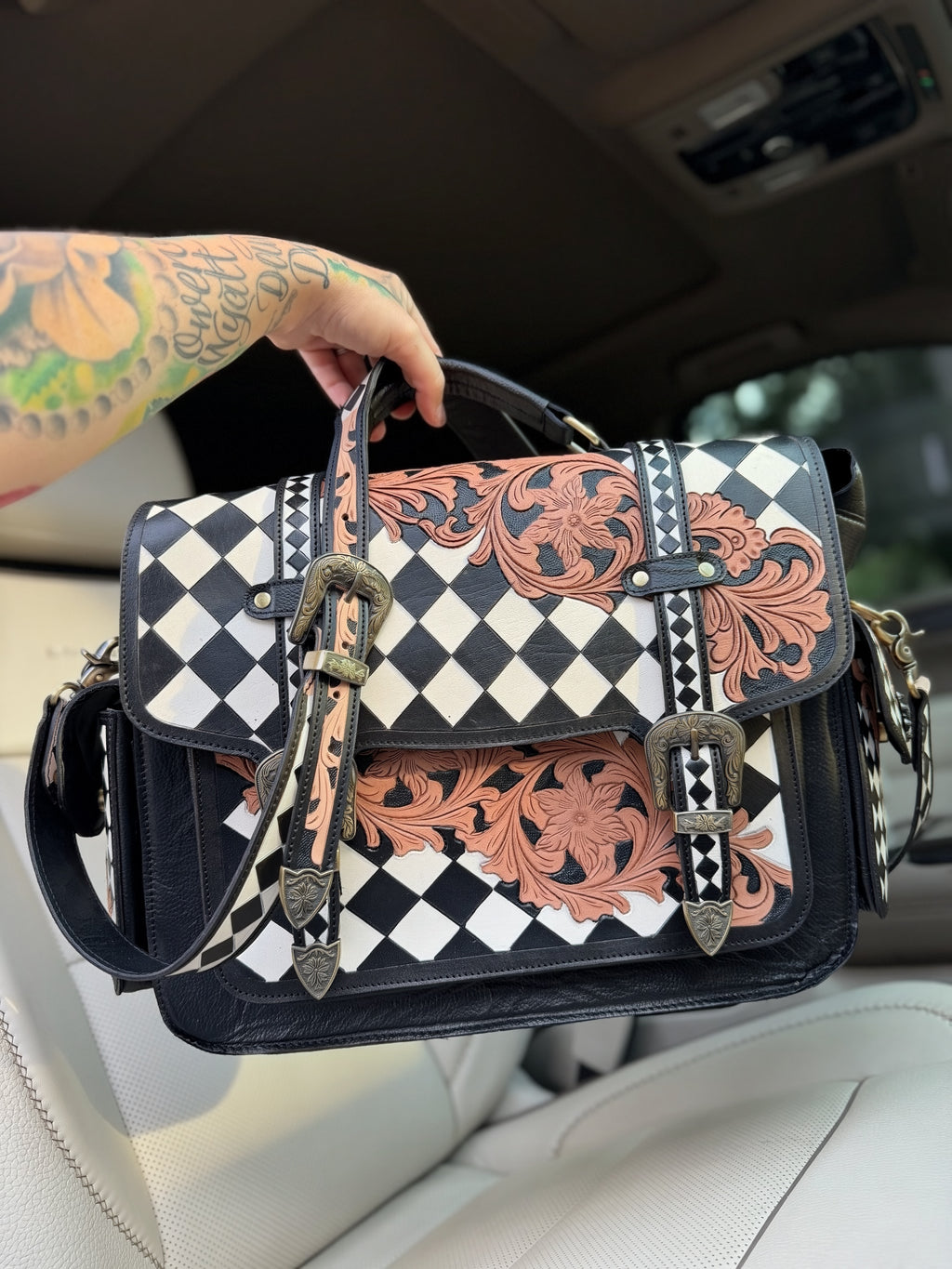 Laptop or overnight tooled leather -  black/white checker  bag