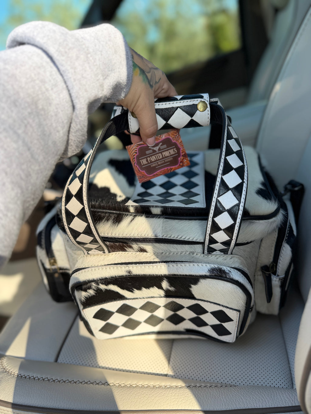 CHECKER TOOLED leather/ cowhide Lunch bag