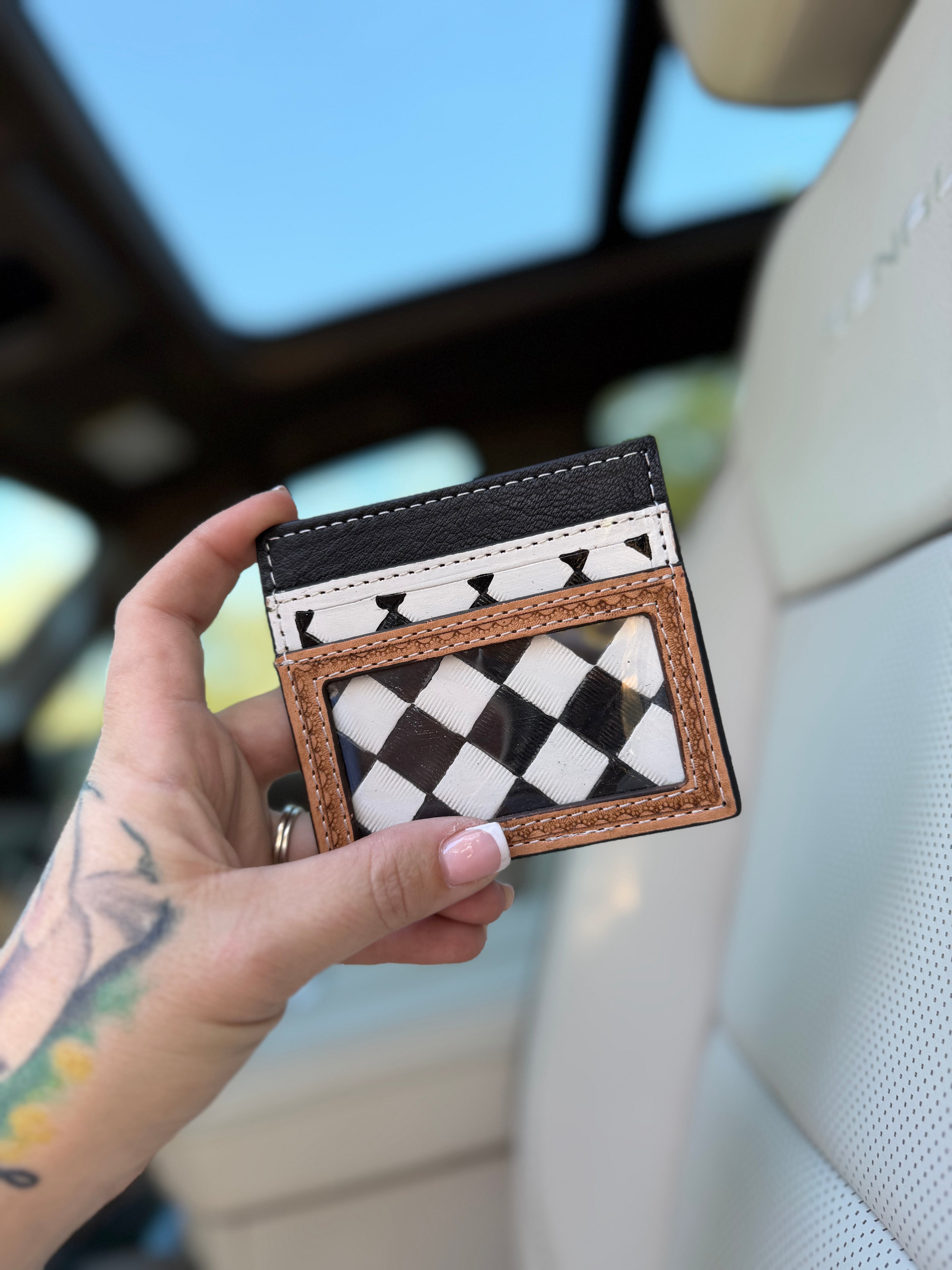 Tooled checker print leather checker card holder