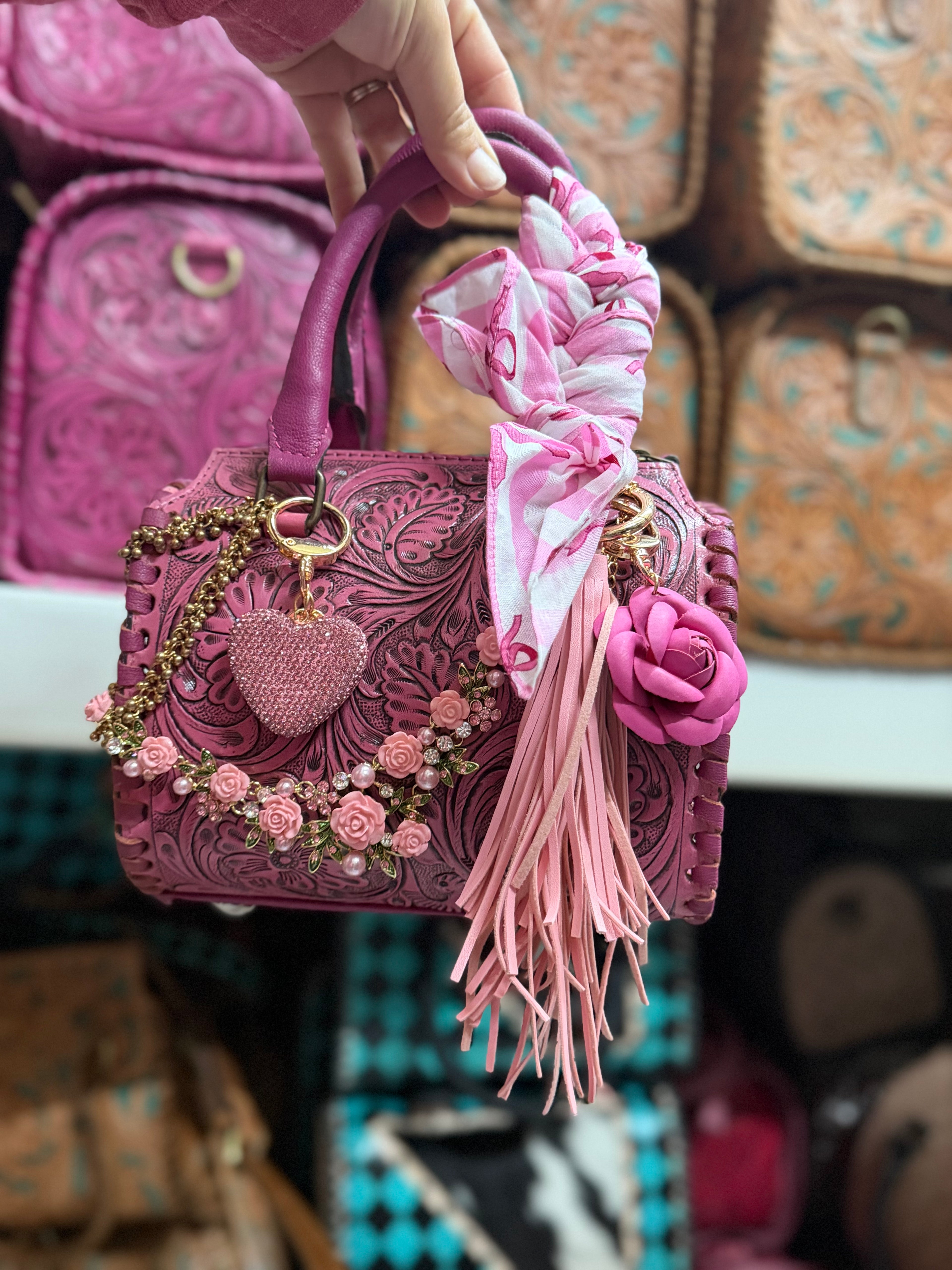 "The Rose Wrangler" - pink tooled leather speedy (mini)