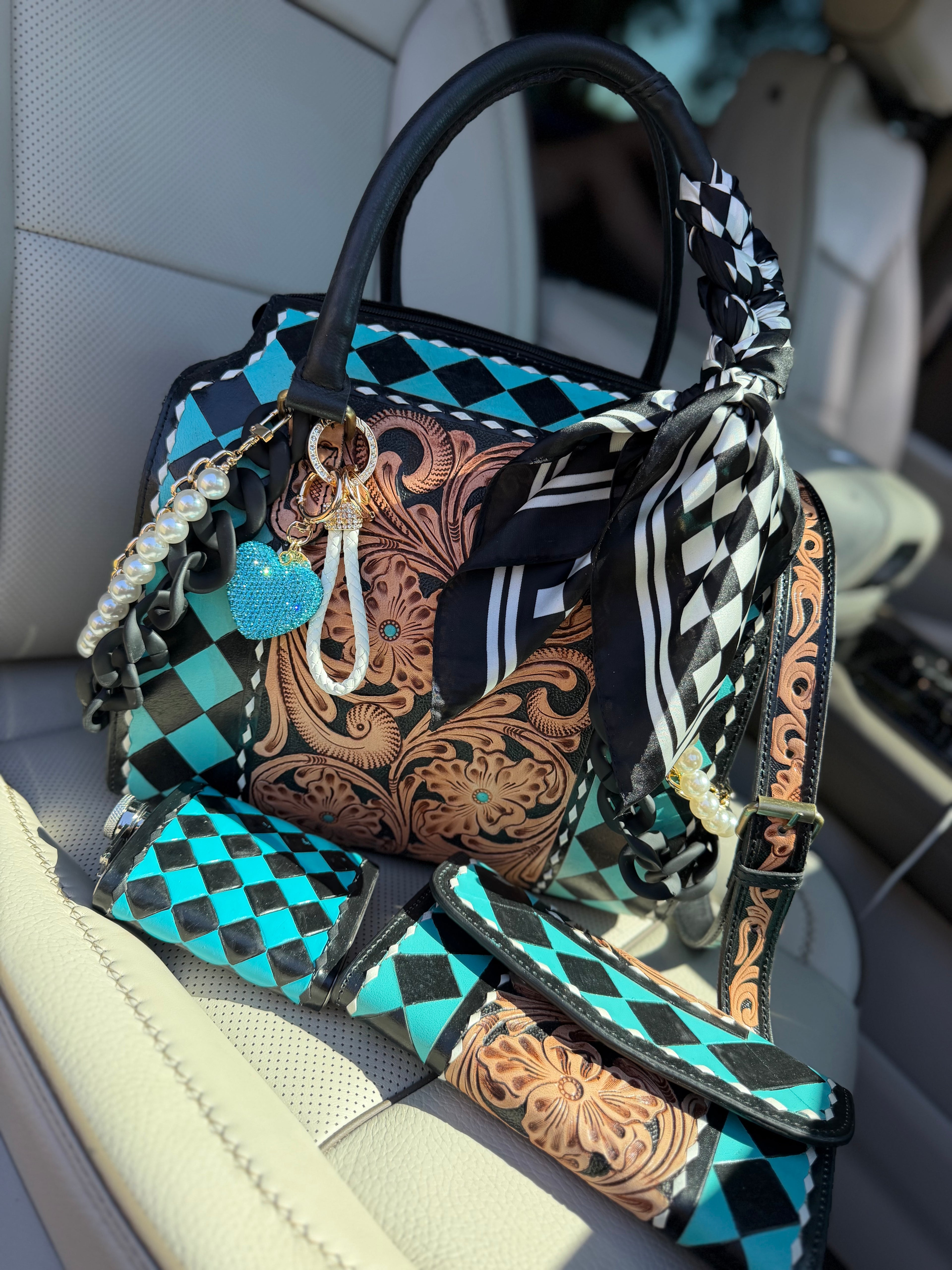 “The Blue Diamond” turquoise/Black checker & tooled leather speedy (L) by the Painted Porches
