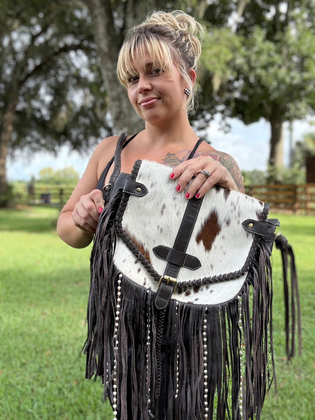 Cowhide beaded braided purse