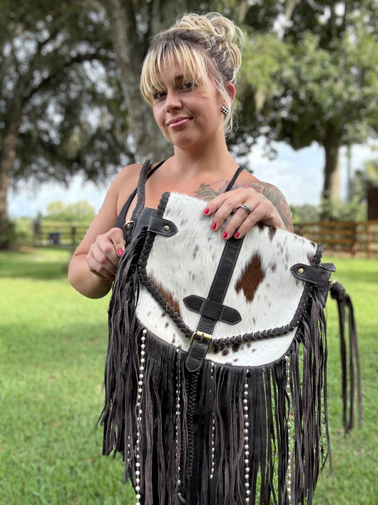 Cowhide beaded braided purse