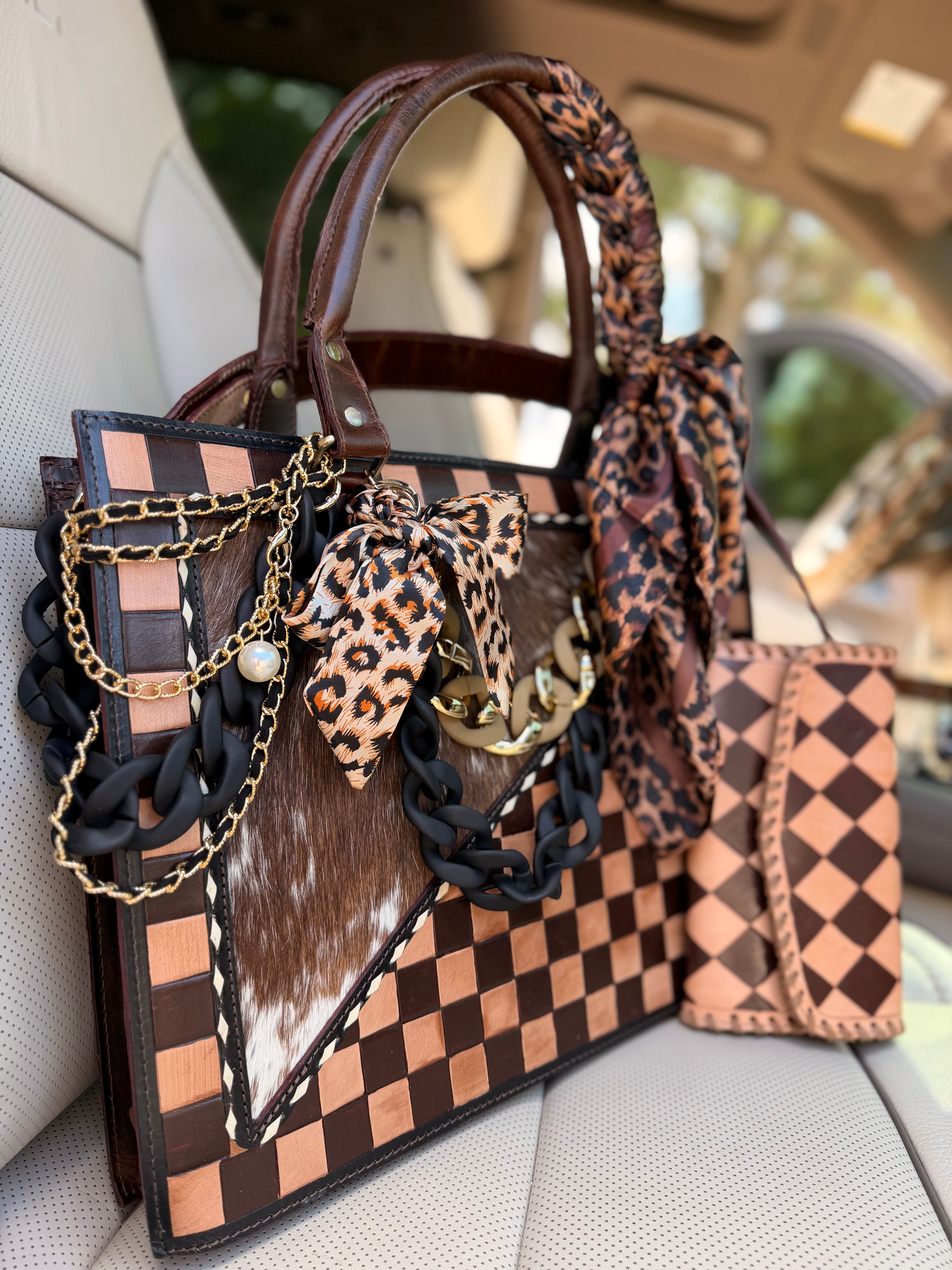 "Bourbon & Blush" Dressed cowhide and brown checker tote bag/ wallet combo