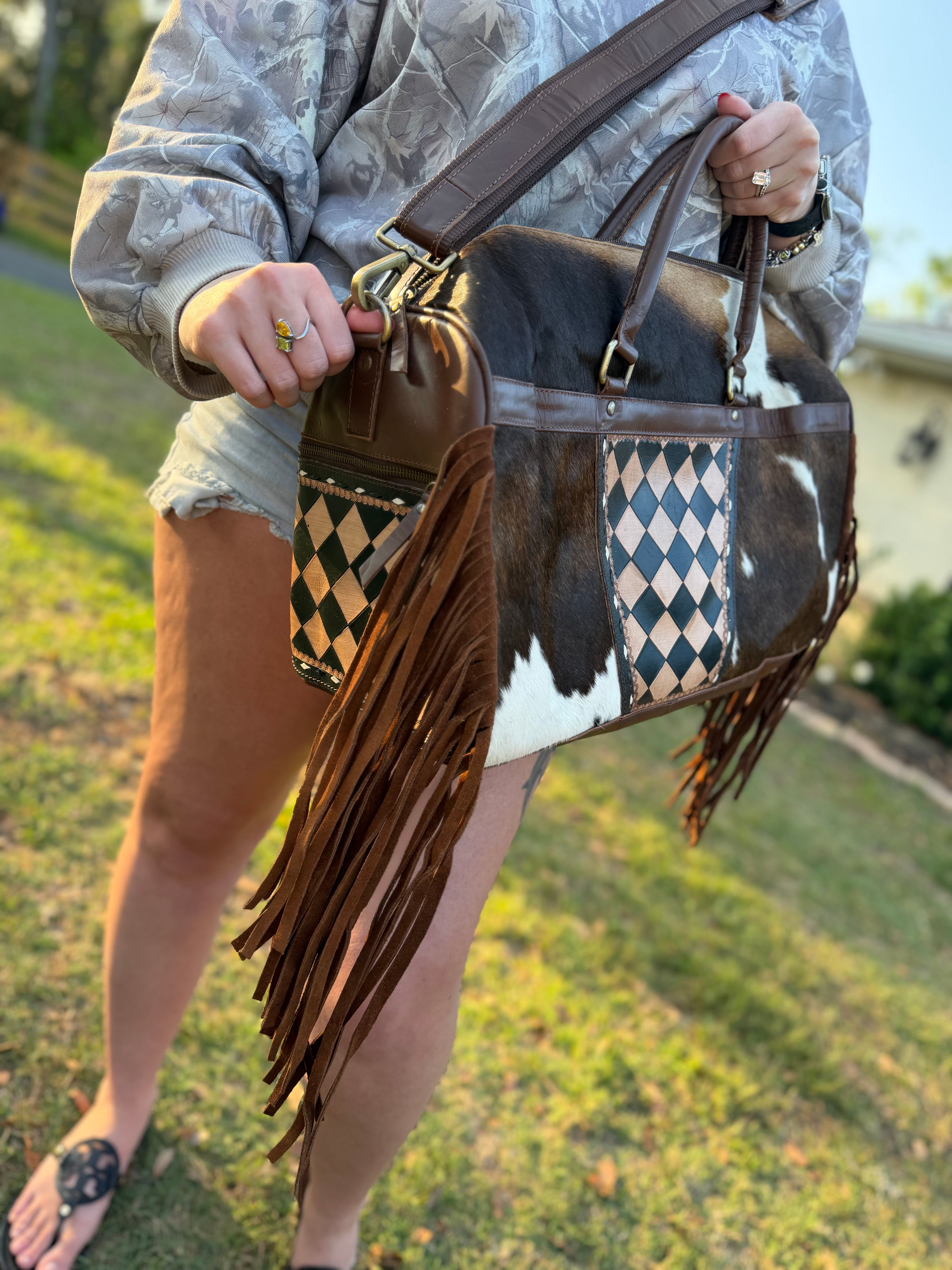 Brown checker duffle fringe