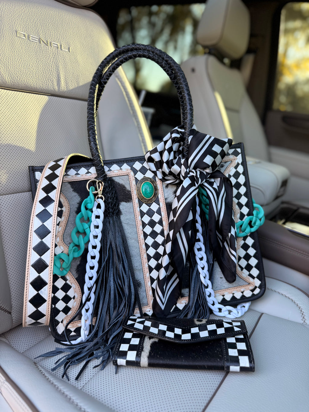 "Queens End Game" - checker/tooled leather tote(bag only)