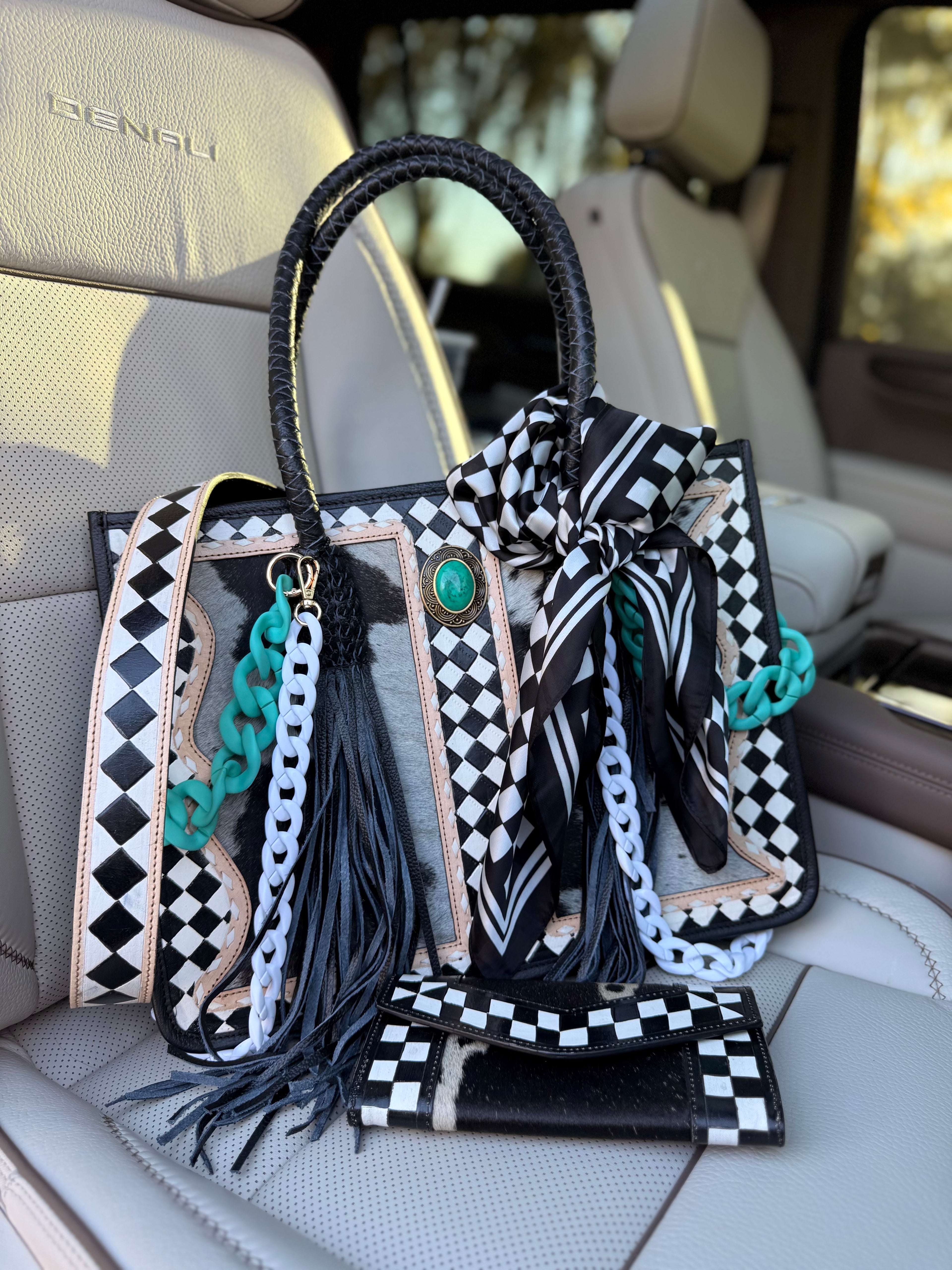 "Queens End Game" - checker/tooled leather tote(bag only)