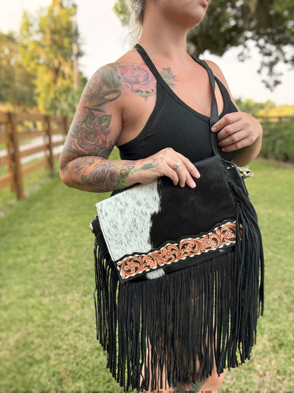 Tooled cowhide purse