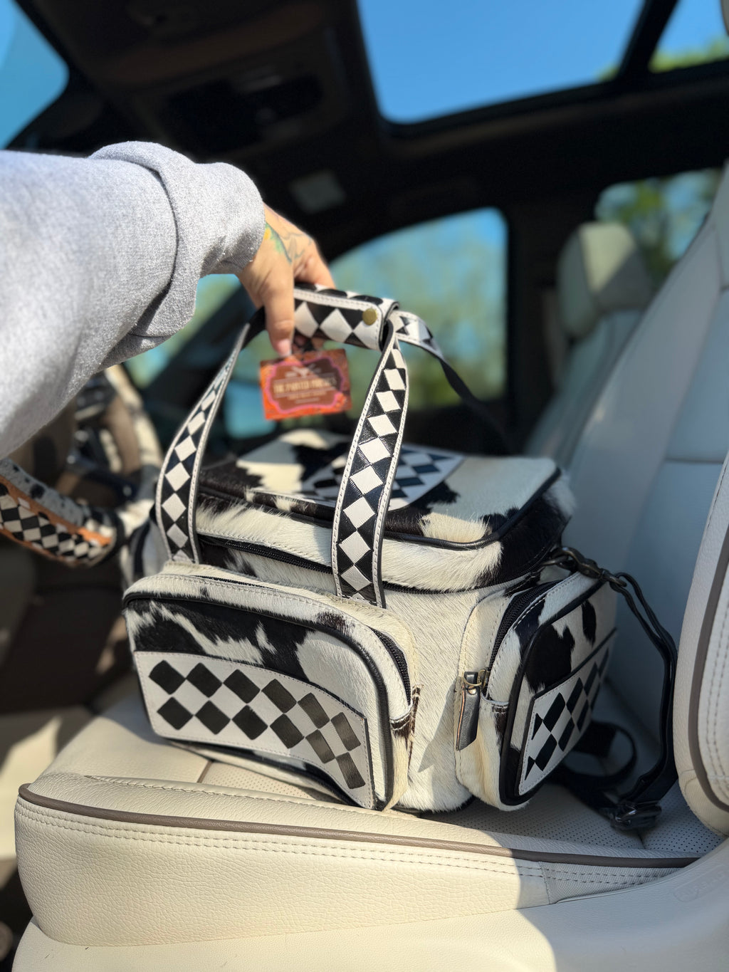 CHECKER TOOLED leather/ cowhide Lunch bag