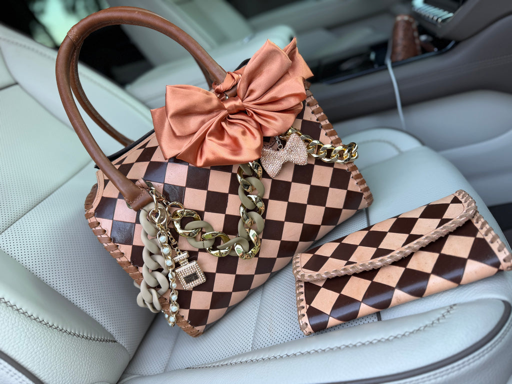 “Southern Queen“ peanut butter checker tooled leather speedy (L) by the Painted Porches