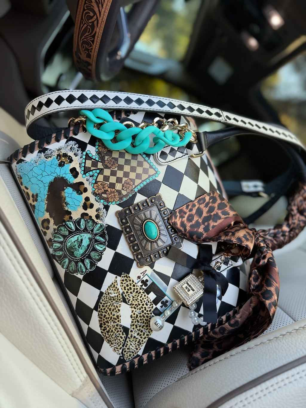 “Checkered & Cheetah” black/white checker and cheetah tooled leather speedy (L) by the Painted Porches