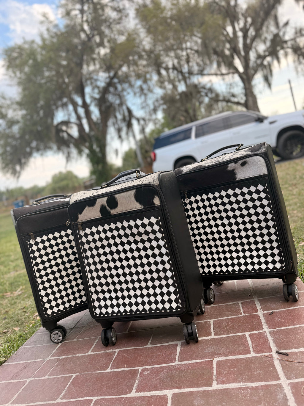 Suitcase - checker tooled leather and cowhide