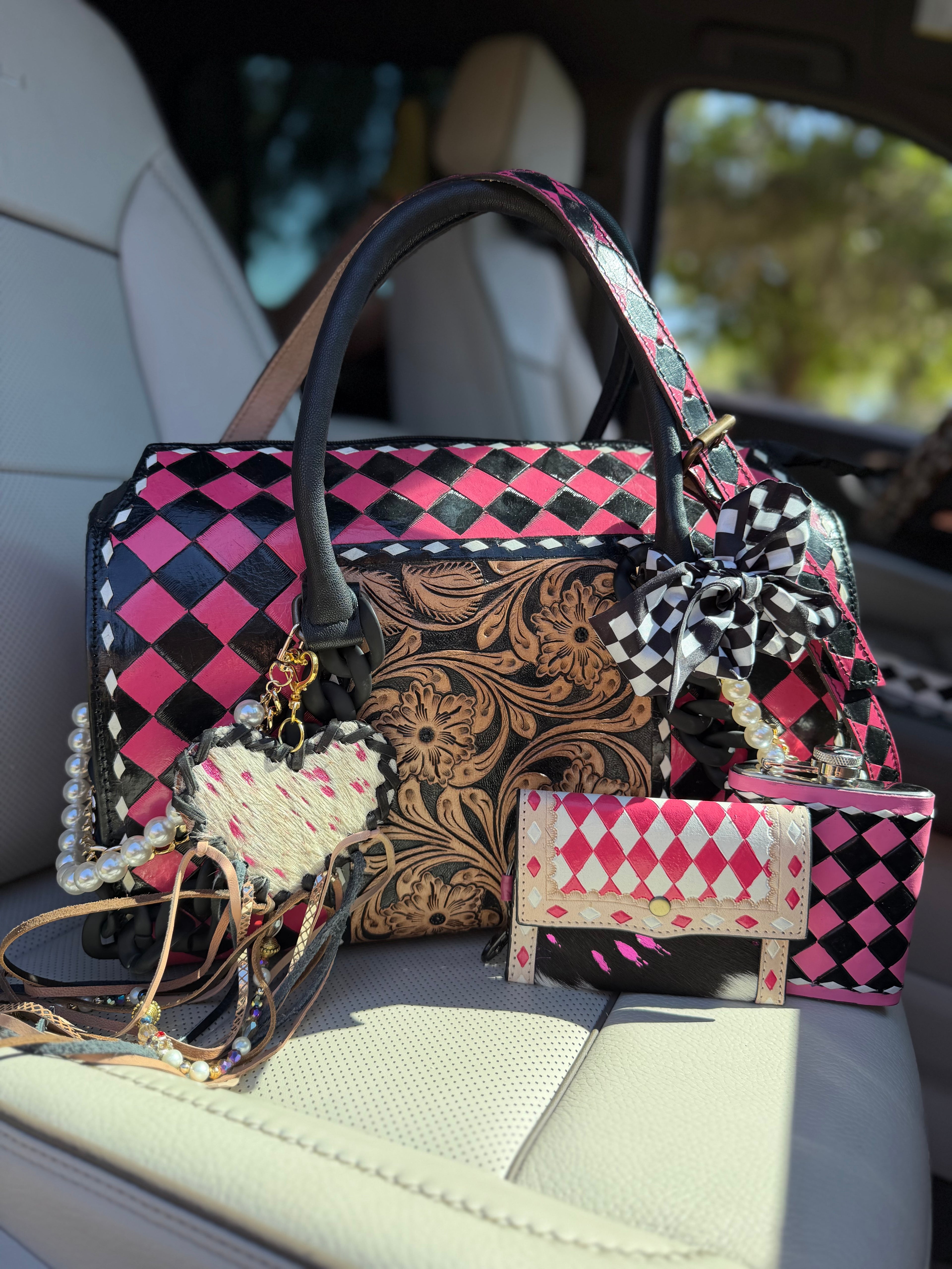 “Rodeo Runway” Pink/black checker and tooled leather speedy (Duffle)
