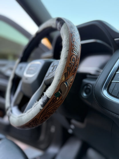 Country style 15.5 “ tooled leather cowhide steering wheel cover read description before purchase