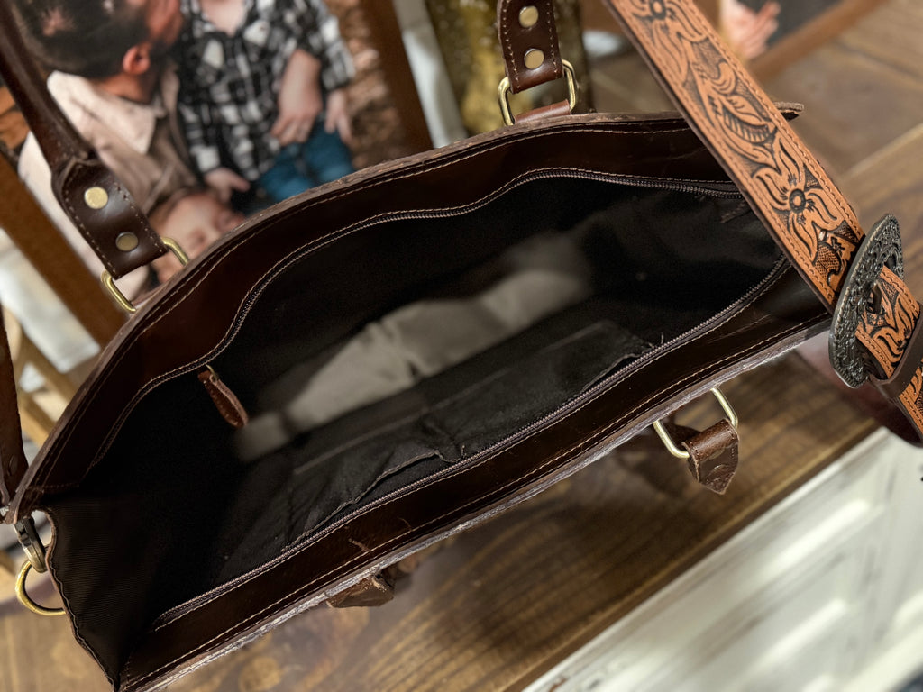 Cowhide and Tooled leather tote bag with fringe- (M)