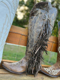 Brown Tall Fringe Wide Calf Friendly Snip Toe Cowgirl Boot - White