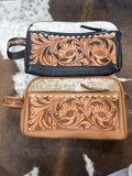 white stitch tooled leather makeup bag