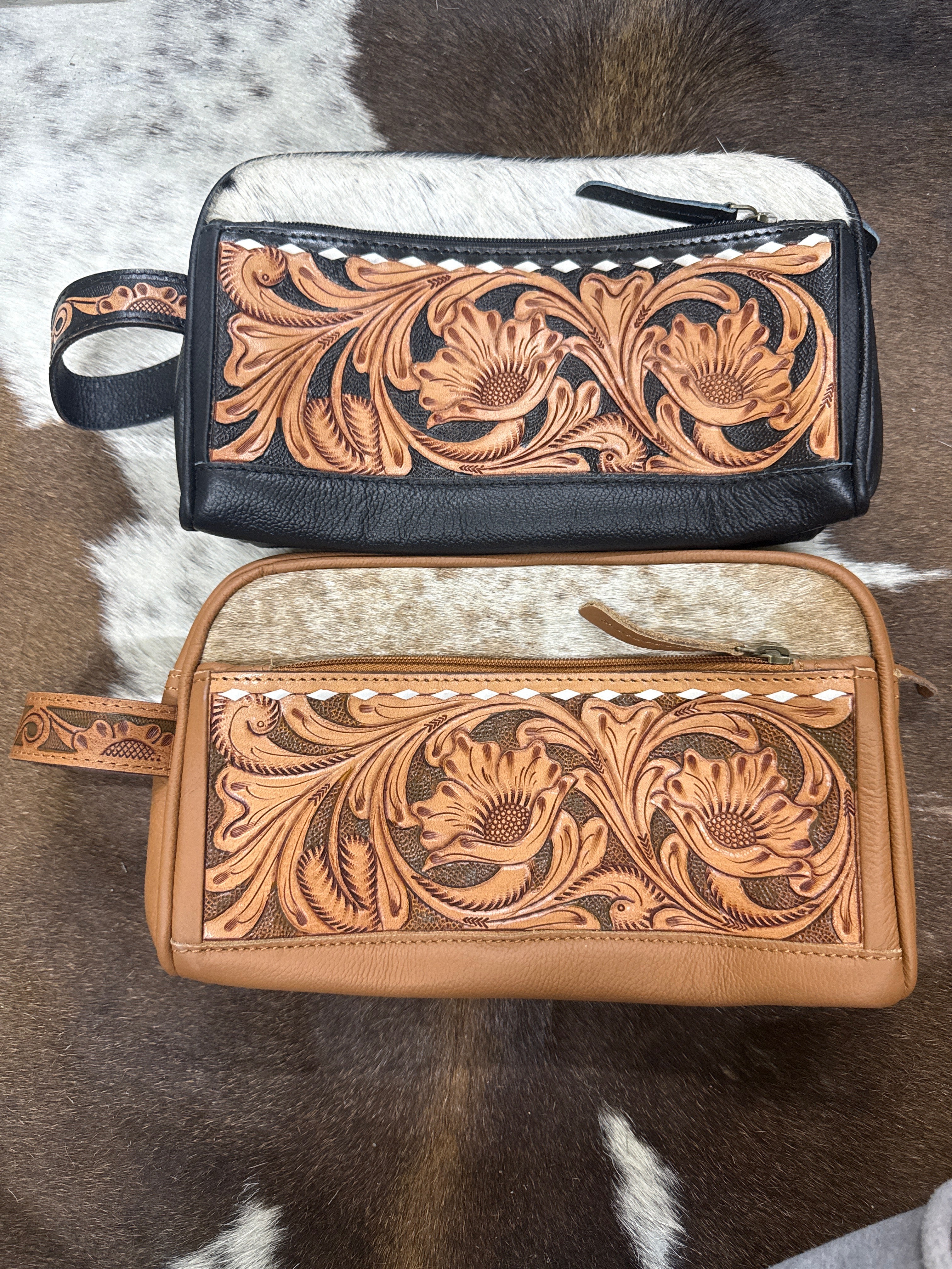 white stitch tooled leather makeup bag