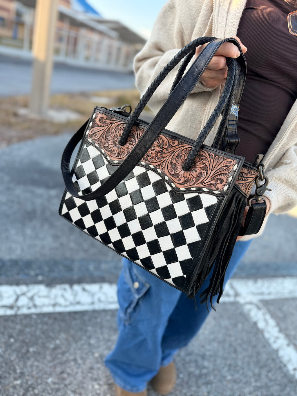 The “Charlotte” tooled fringe tote checker  bag - by the Painted Porches