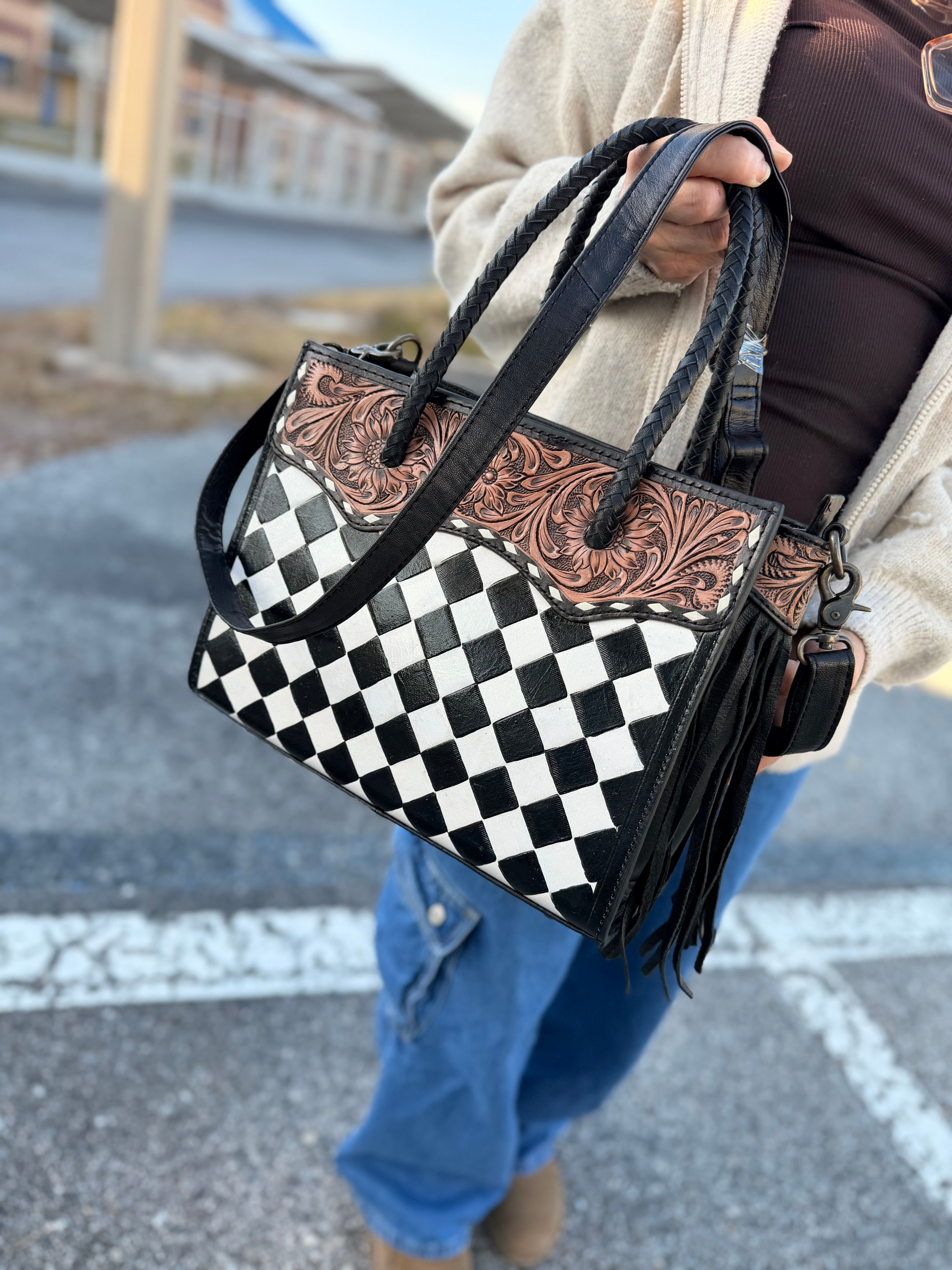 The “Charlotte” tooled fringe tote checker  bag - by the Painted Porches